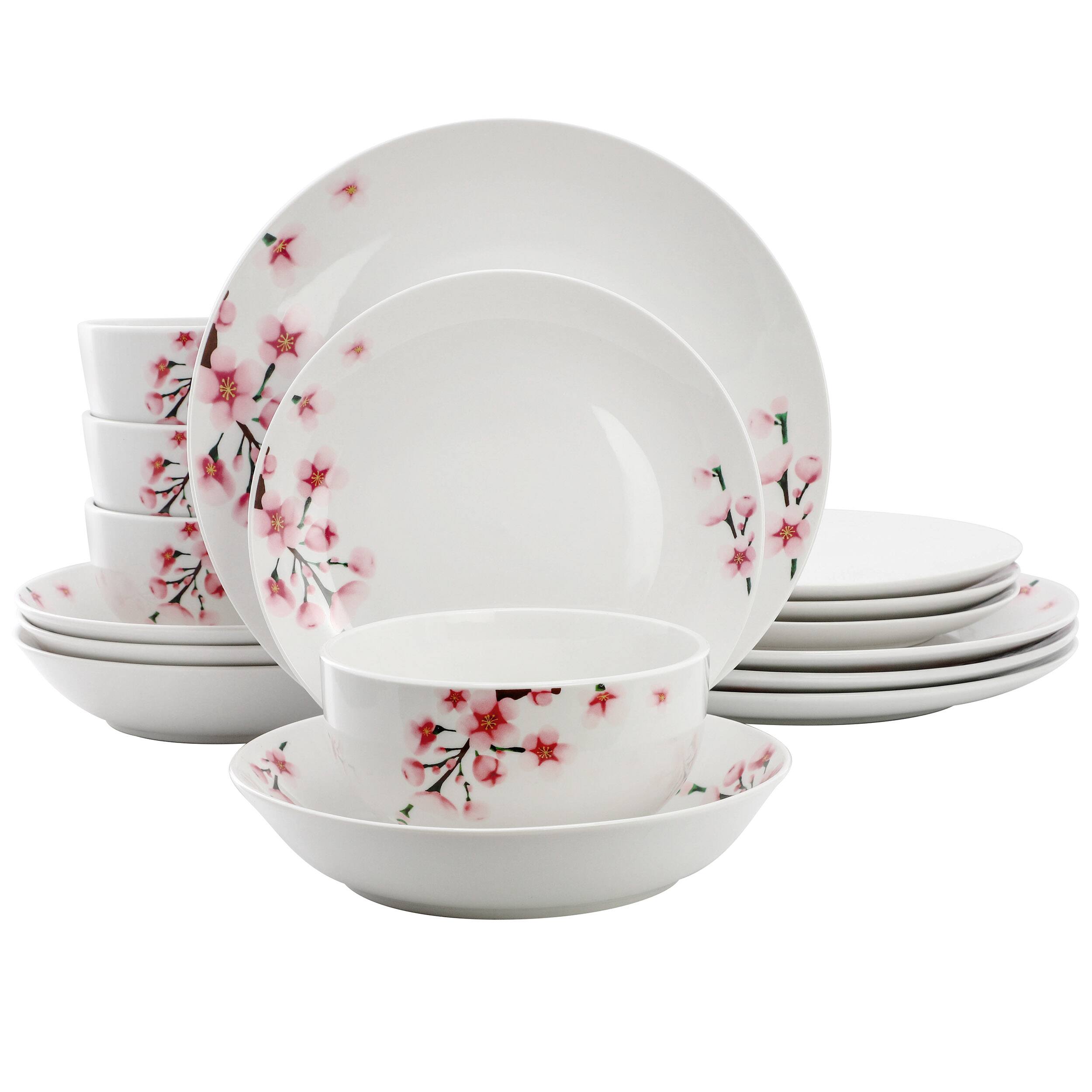 Front. Elama - Elama Tamara 16 Piece Cherry Blossom Porcelain Double Bowl Dinnerware Set, Service for 4 in White and Pink - White and Pink.