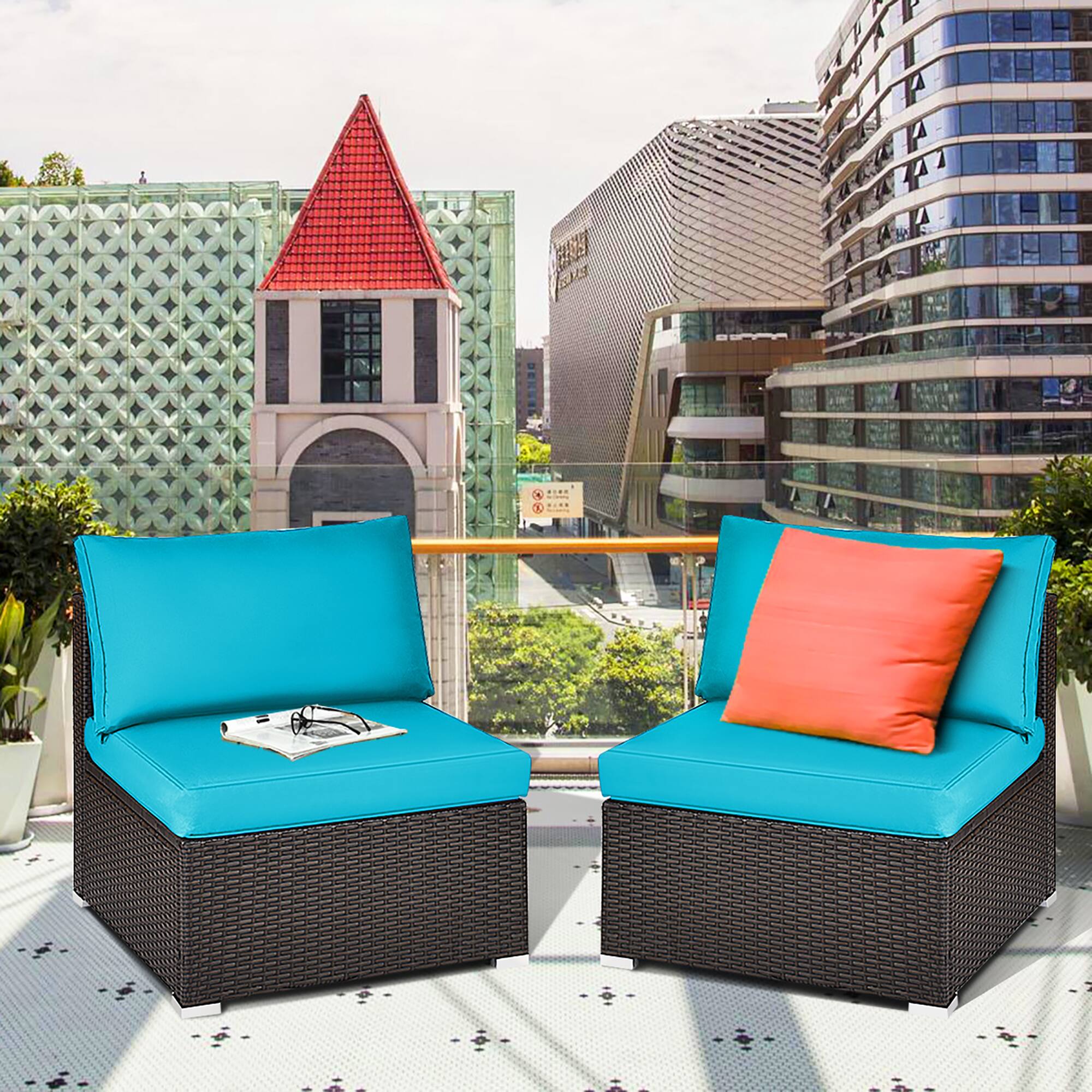 Alt View 1. Costway - Costway 2PCS Patio Rattan Armless Sofa Sectional Conversation Furniture Set W/Cushion - Turquoise.