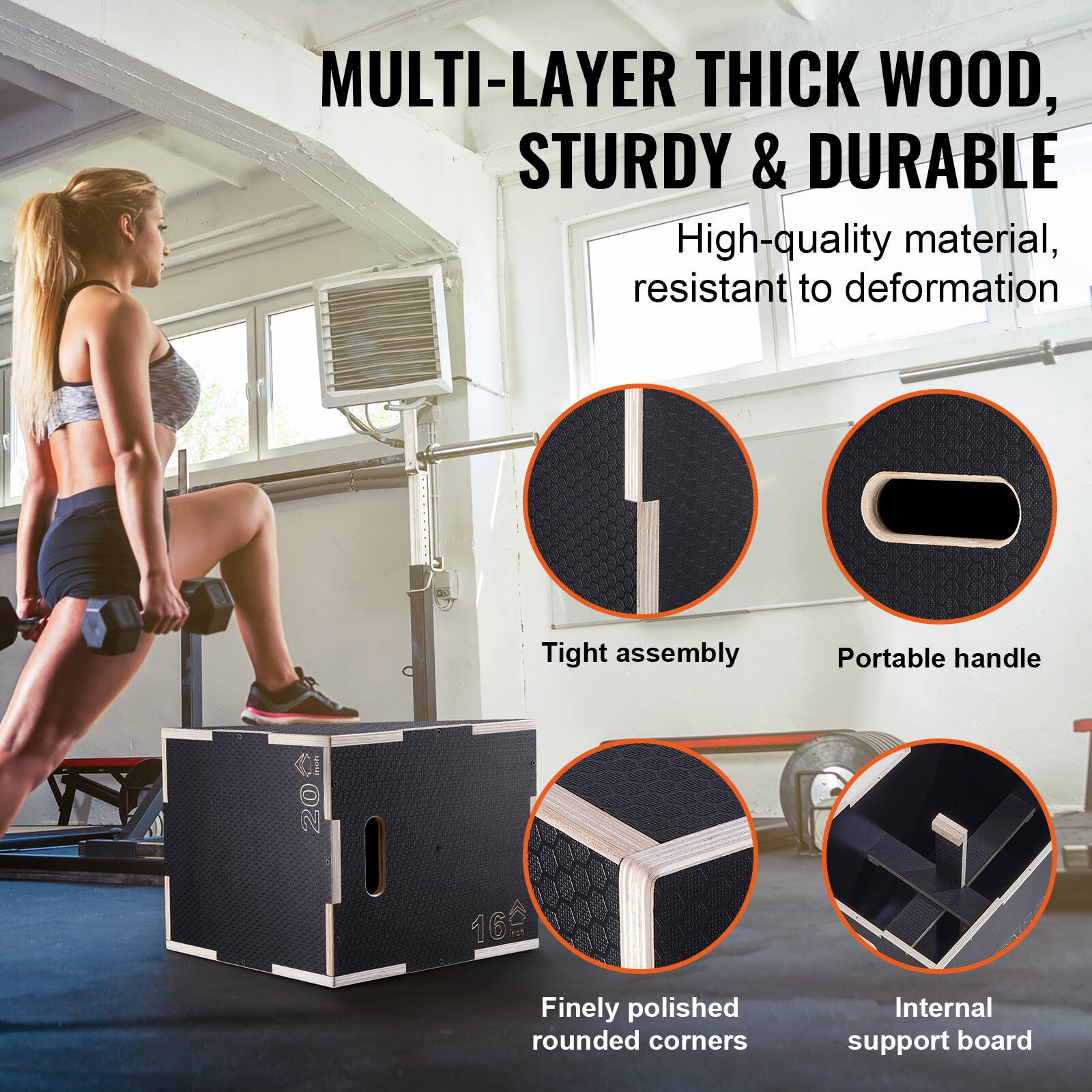 Here is the corrected and grouped text:

**MULTI-LAYER THICK WOOD, STURDY & DURABLE**

- High-quality material, resistant to deformation
- Tight assembly
- Portable handle
- Finely polished rounded corners
- Internal support board