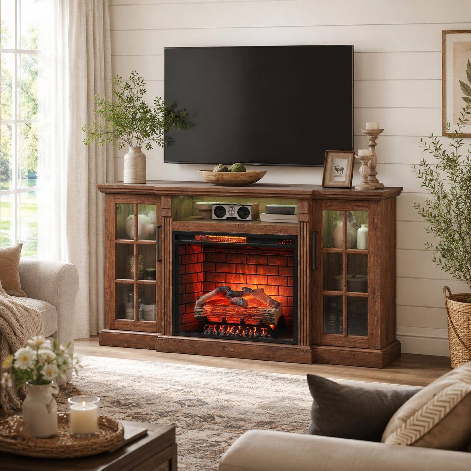 Angle. RYHNUYNE - 65" Fireplace TV Stand for TVs up to 75" – Electric Fireplace Cabinet with 28" Insert & LED Side Lights - Antique brown.