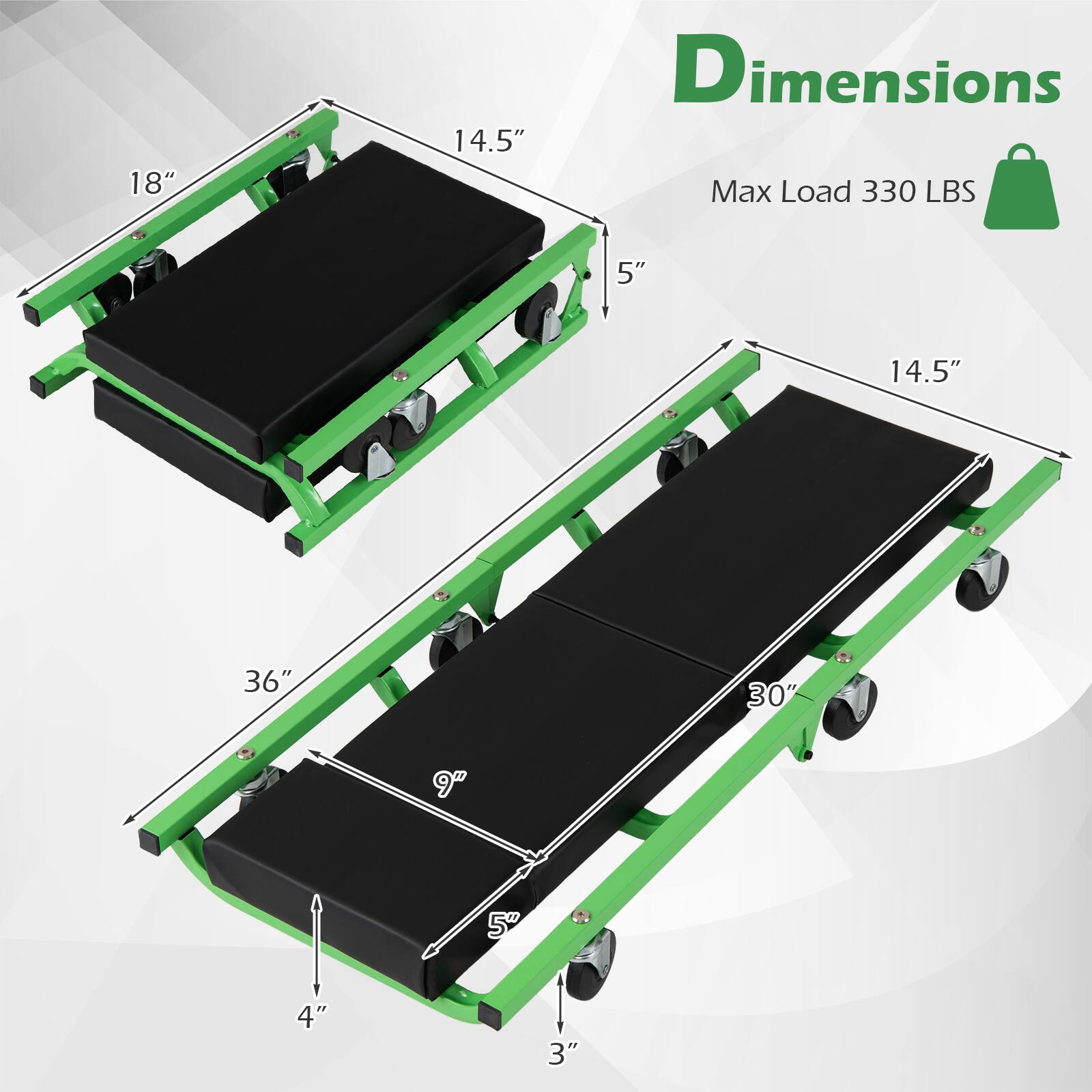 18"  
14.5"  
Dimensions  
Max Load 330 LBS  
5"  
14.5"  
36"  
30"  
9"  
5"  
4"  
3"