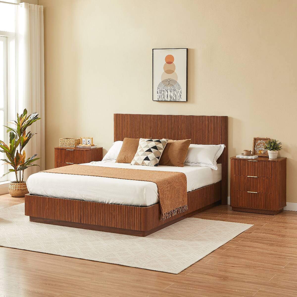 Alt View 6. Loheer - Loheer 3 Drawer Nightstand Set of 2, Walnut Nightstand, 23.6 Inch Wide Curved Wave Panels - Walnut.