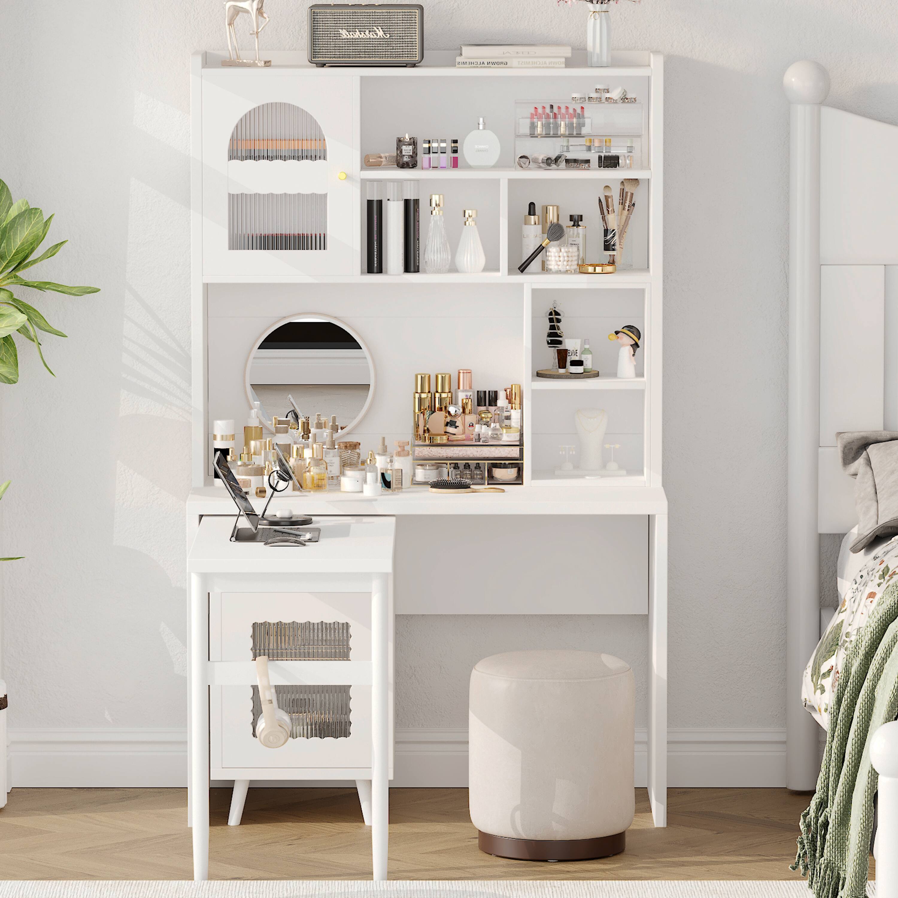 Front. PexFix - Rotating L-Shaped Computer Desk, 70" Office Desk with Storage & Shelves, Gaming Desk for Home & Office - White.