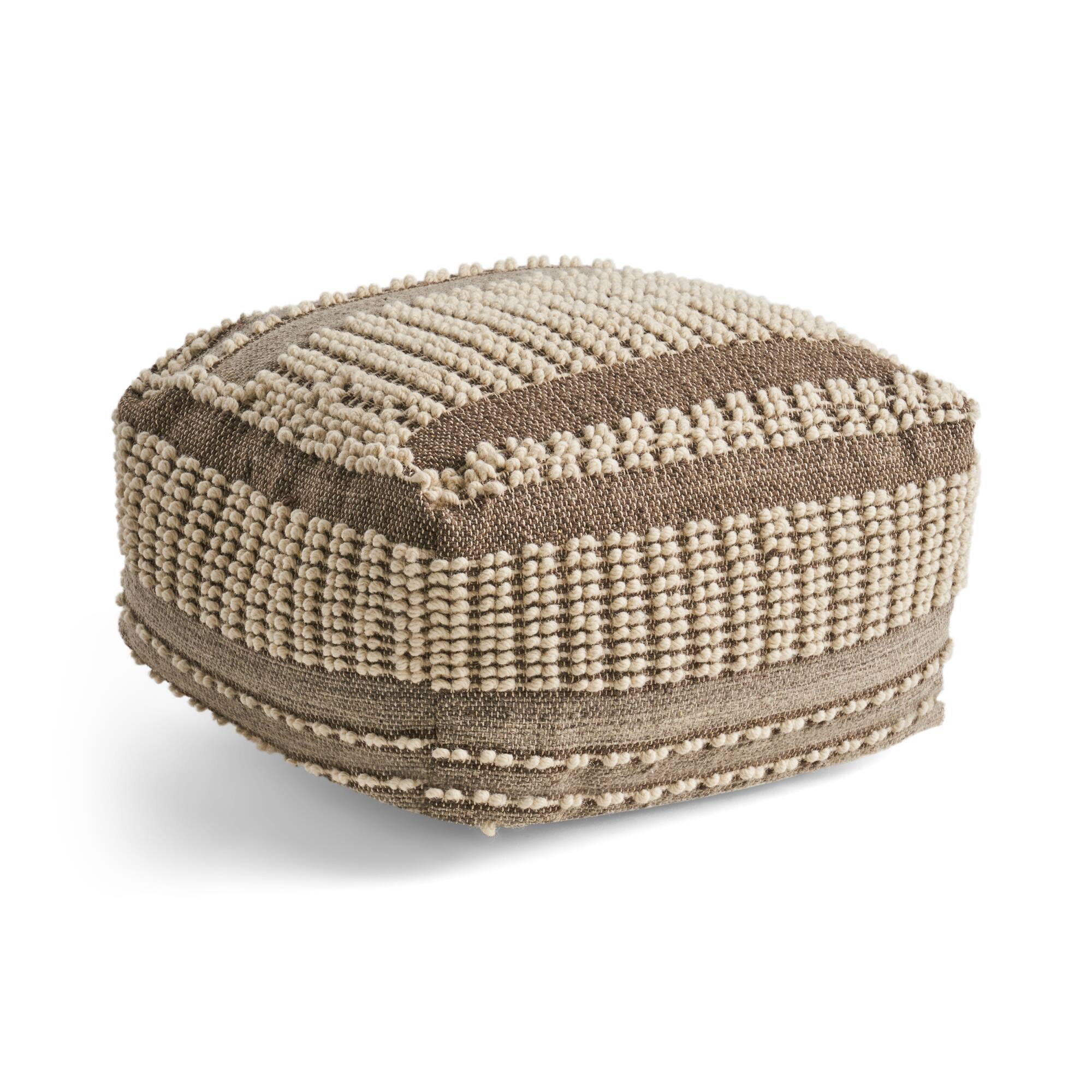 Angle. GOODSILO - Handcrafted Rustic Large Wool and Cotton Pouf Ottoman Footstool for Cozy Home Decor - Brown+Beige.