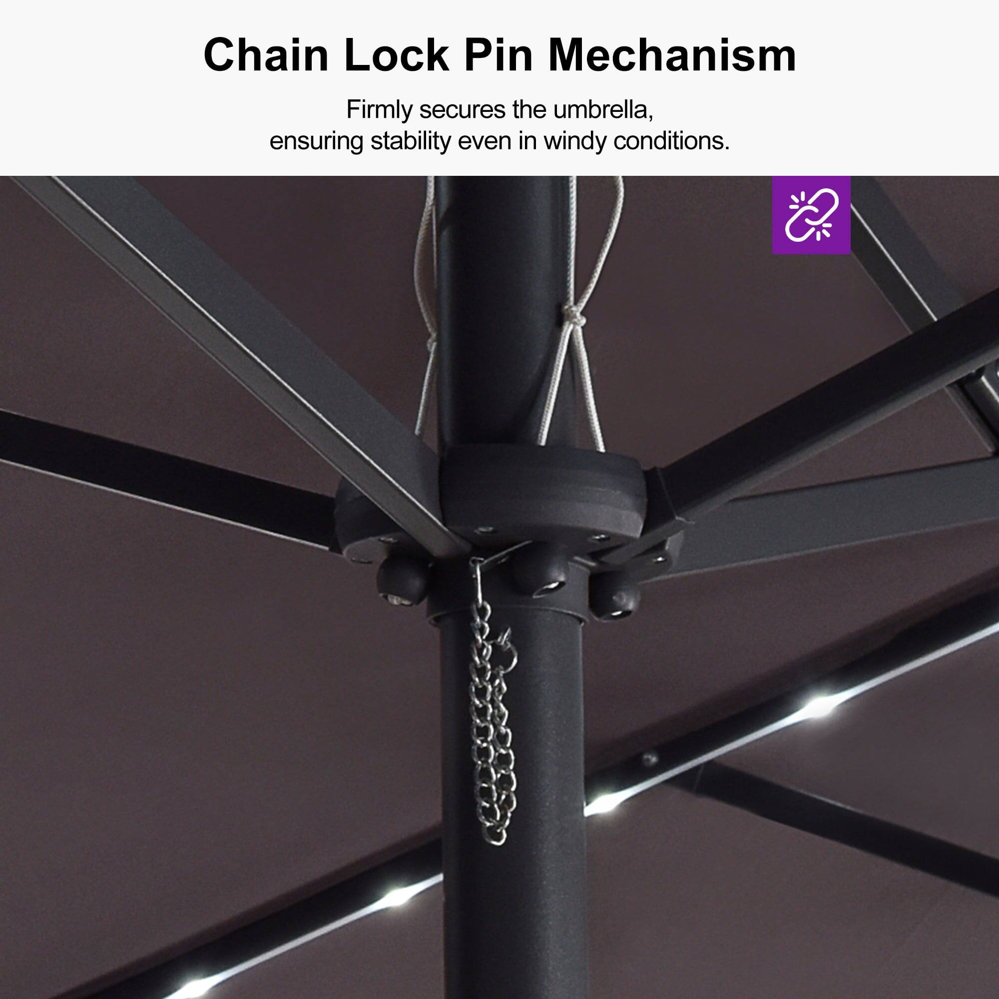 Chain Lock Pin Mechanism  
Firmly secures the umbrella, ensuring stability even in windy conditions.