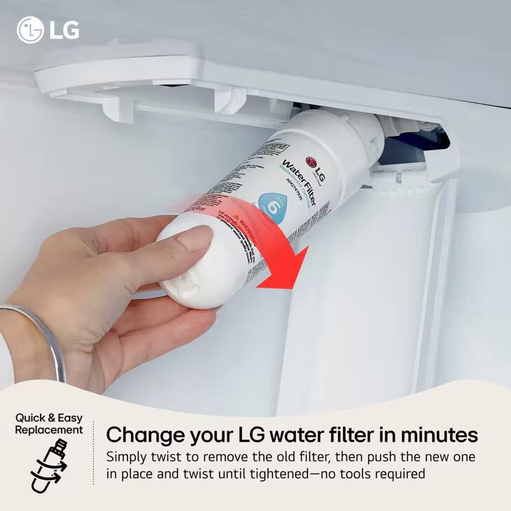 LG 7 Water Filter LG SEGCREDON 9

WARNING

Quick & Easy Replacement

Change your LG water filter in minutes

Simply twist to remove the old filter, then push the new one in place and twist until tightened—no tools required