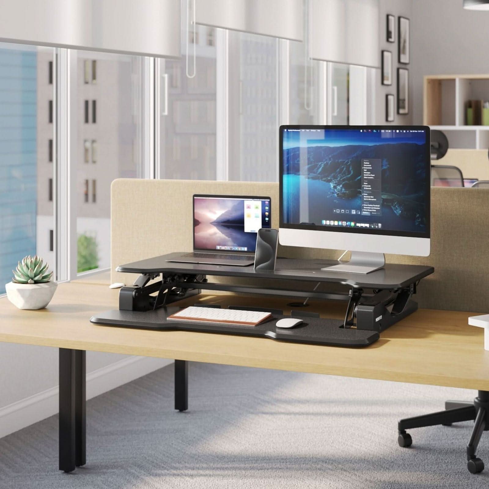 Front. Mount-It! - Height-Adjustable Standing Desk Converter with 38" Work Surface for Sit-Stand Productivity, Black - Black.