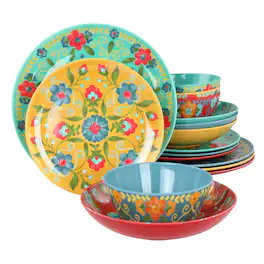 Laurie Gates - California Designs Elena Amour 16 Piece Floral Round Melamine Dinnerware Set - Assorted