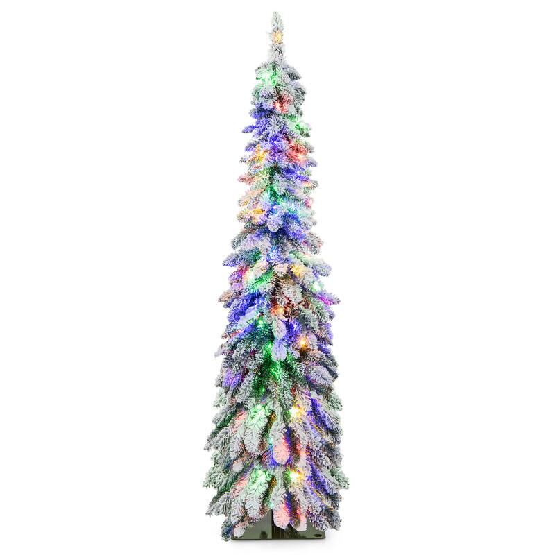 Alt View 4. WELLFOR - 5 ft Pre‑lit Snow‑Flocked Slim Pencil Christmas Tree with 334 Branch Tips,150 LED Lights‑Holiday Indoor Decoration - White & Green.