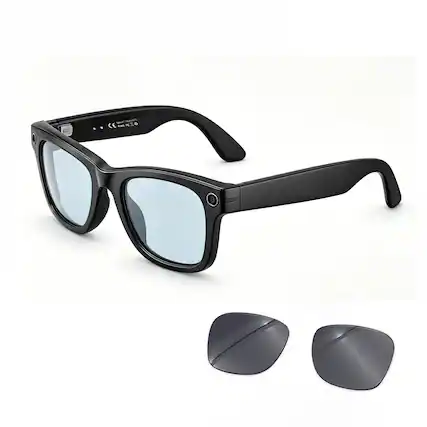 Front. PRIMEPLUS - Smart AI Glasses 8MP Video Camera, WiFi Transfer, Audio Recording, Dual Lenses: Sunglasses + Anti-Blue Light - Black.