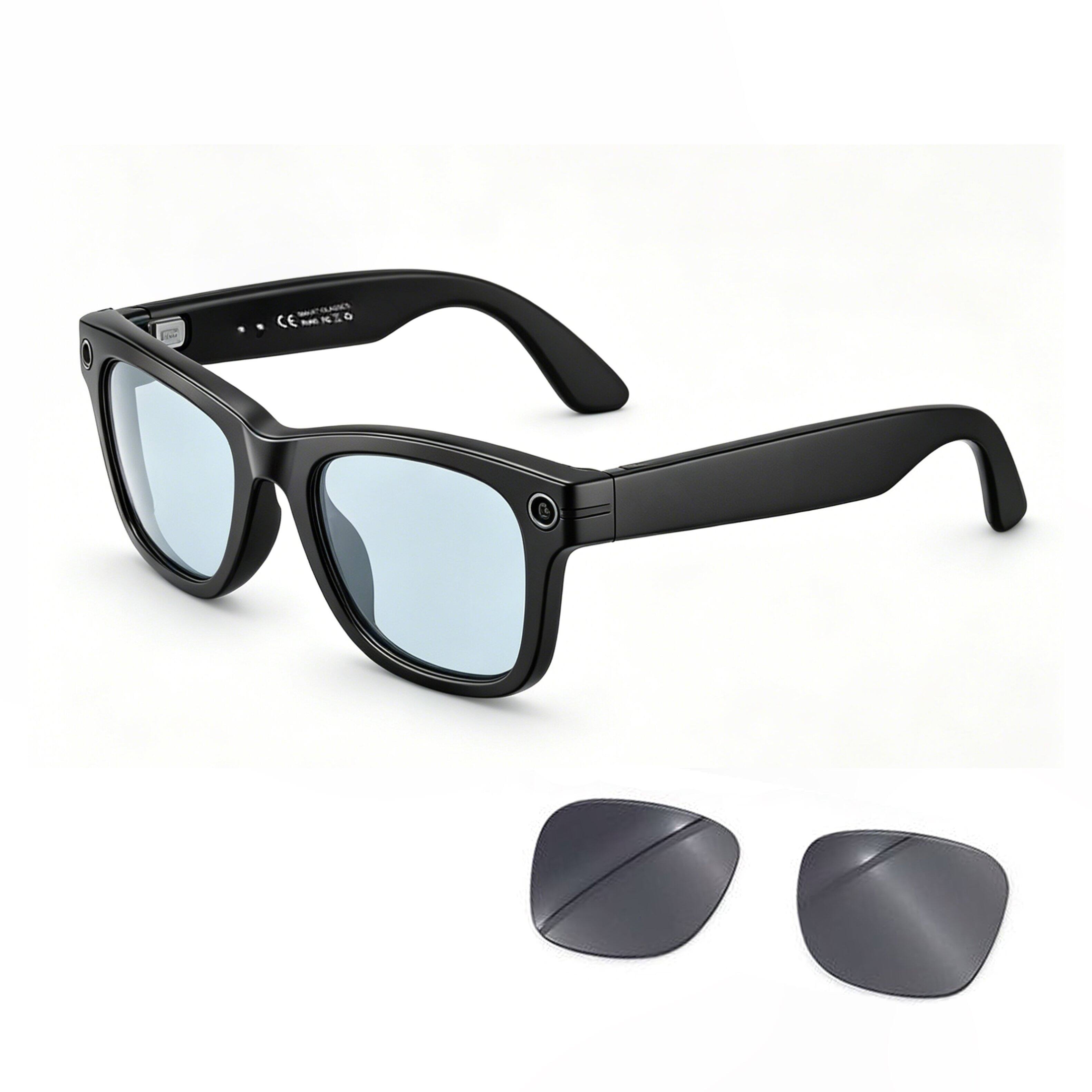 Front. PRIMEPLUS - Smart AI Glasses 8MP Video Camera, WiFi Transfer, Audio Recording, Dual Lenses: Sunglasses + Anti-Blue Light - Black.