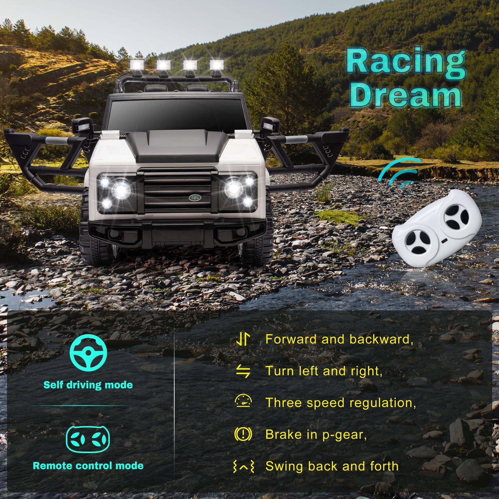 Racing Dream

Self driving mode

Remote control mode

Forward and backward,
Turn left and right,
Three speed regulation,
Brake in p-gear,
Swing back and forth