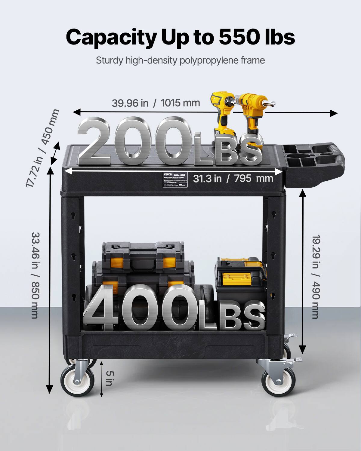 Capacity Up to 550 lbs, Sturdy high-density polypropylene frame, 39.96 in / 1015 mm, 17.72 in / 450 mm, 200LBS, 31.3 in / 795 mm, 33.46 in / 850 mm, 19.29 in / 490 mm, 400LBS, 5 in