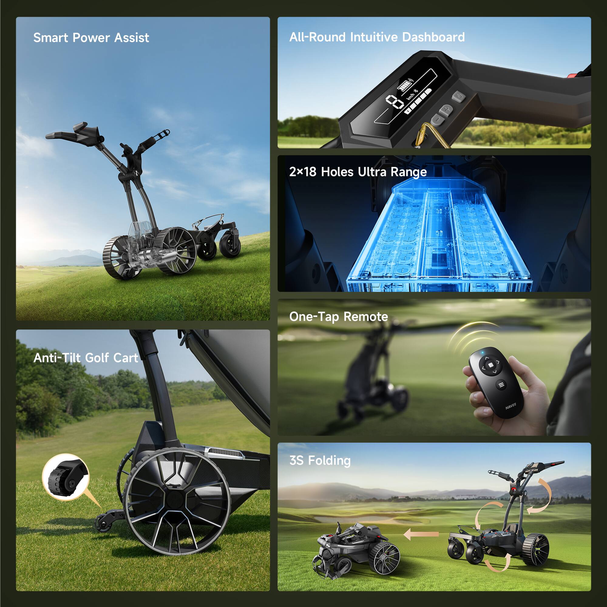 Smart Power Assist  
All-Round Intuitive Dashboard  
2x18 Holes Ultra Range  
One-Tap Remote  
Anti-Tilt Golf Cart  
3S Folding