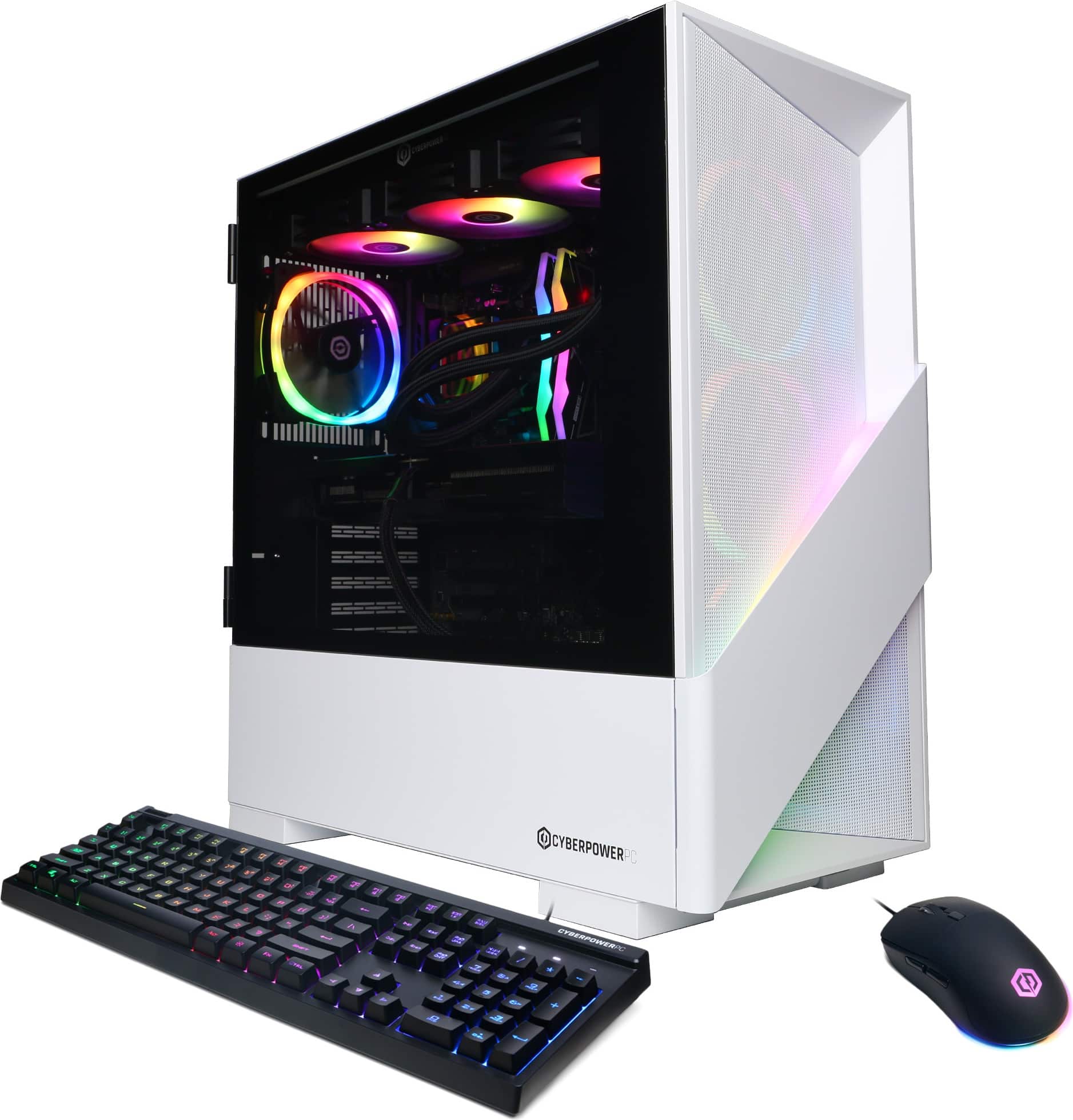 CyberPower is the brand of the computer tower in the image. The tower is white and features a colorful light show, making it visually appealing. The computer is accompanied by a keyboard and a mouse, which are placed in front of the tower.
