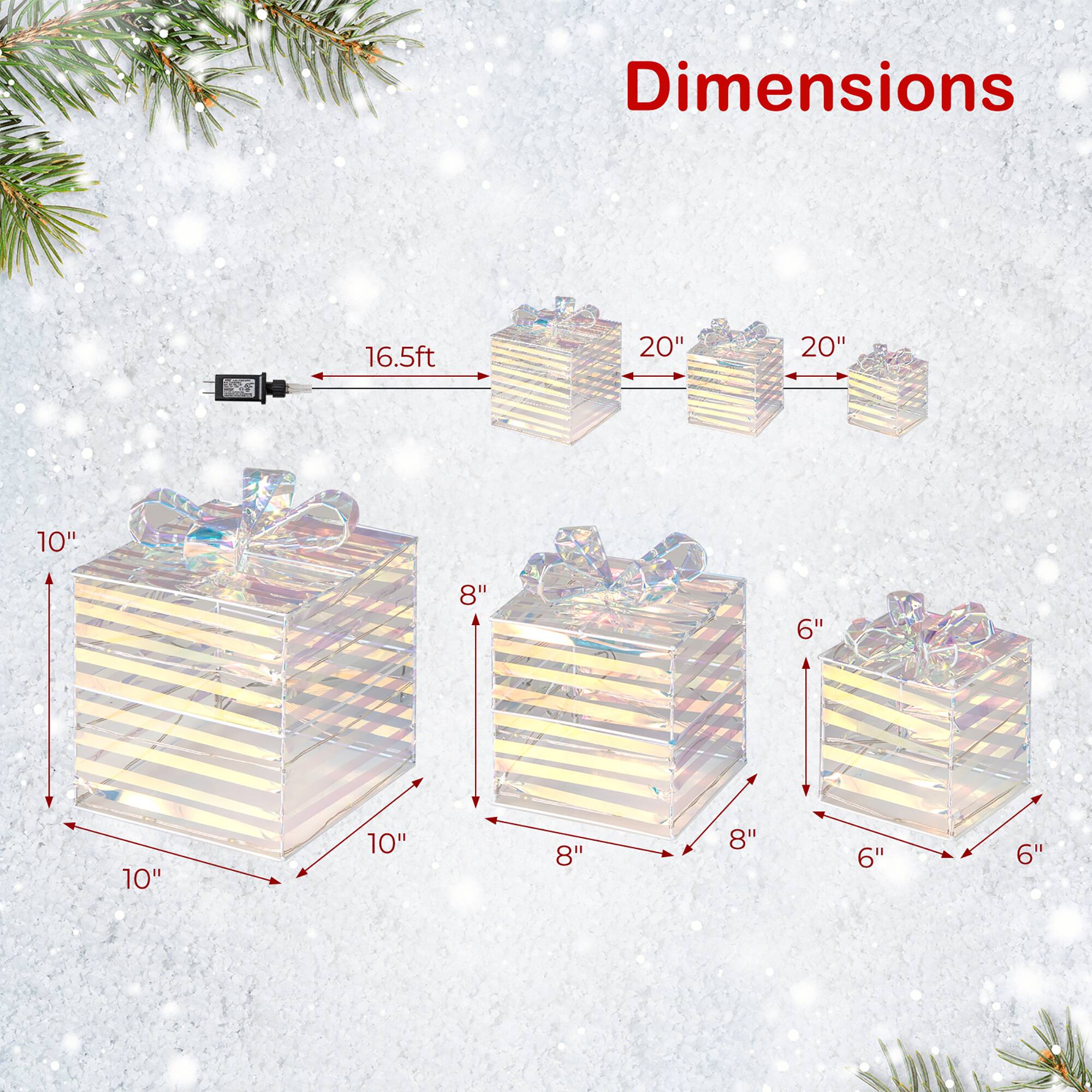 Dimensions:  
- 16.5ft  
- 20" x 20"  
- 10" x 10" x 10"  
- 8" x 8" x 8"  
- 6" x 6" x 6"