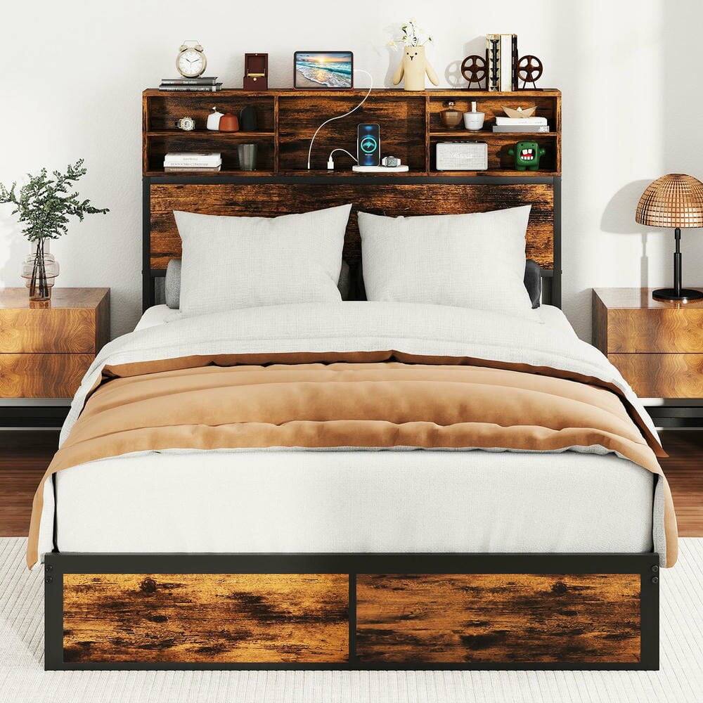 Left. Kadyn - Industrial Metal Platform Bed with Storage Headboard, Available in Twin, Full, Queen and King Sizes with Storage Shelves - Brown.