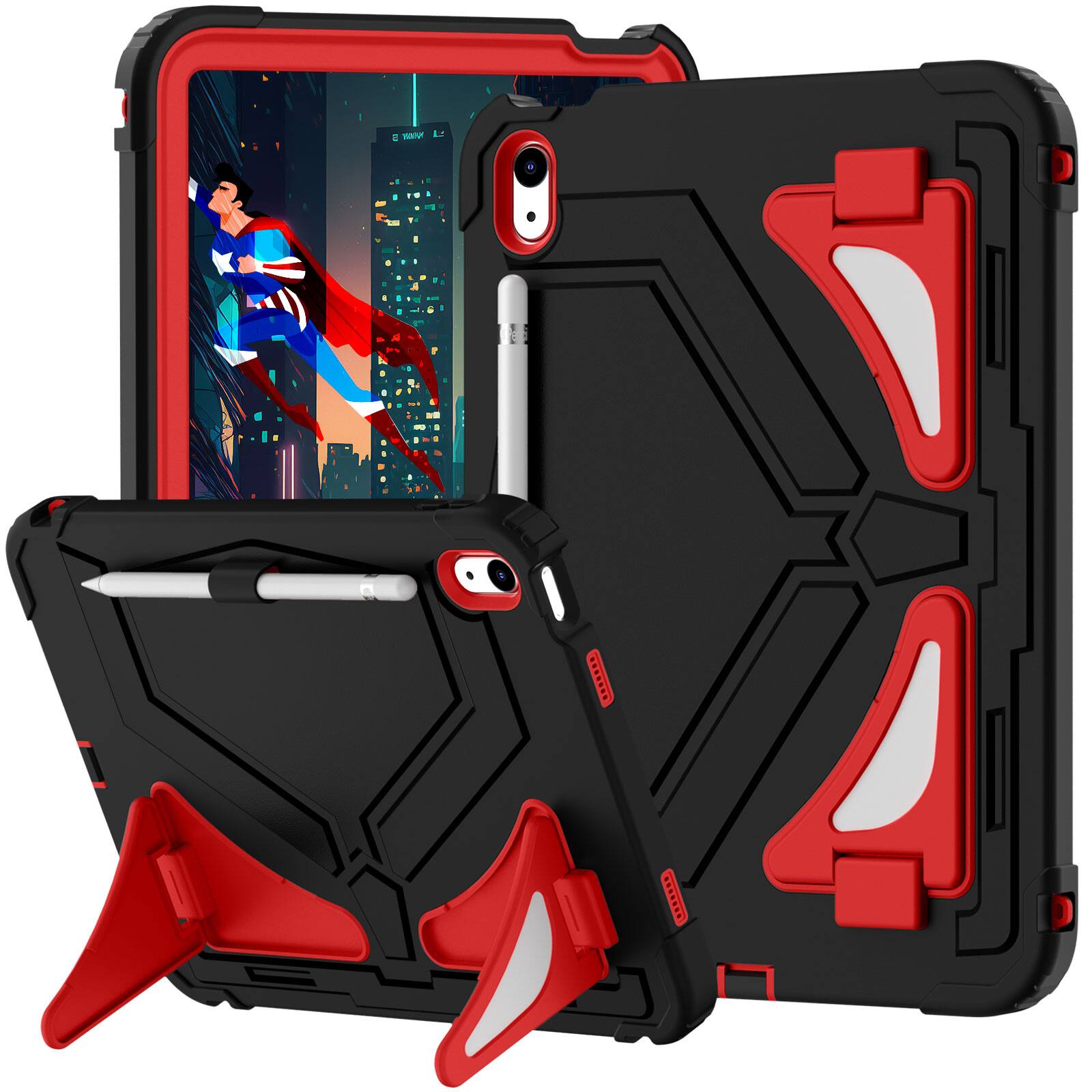 Angle. Dteck - Case for iPad (A16) 11th Gen 2025 /10th Gen 10.9'' 2022 Rugged Shockproof 3 Layers Kickstand Cover With Crossbody Strap - Black+Red.