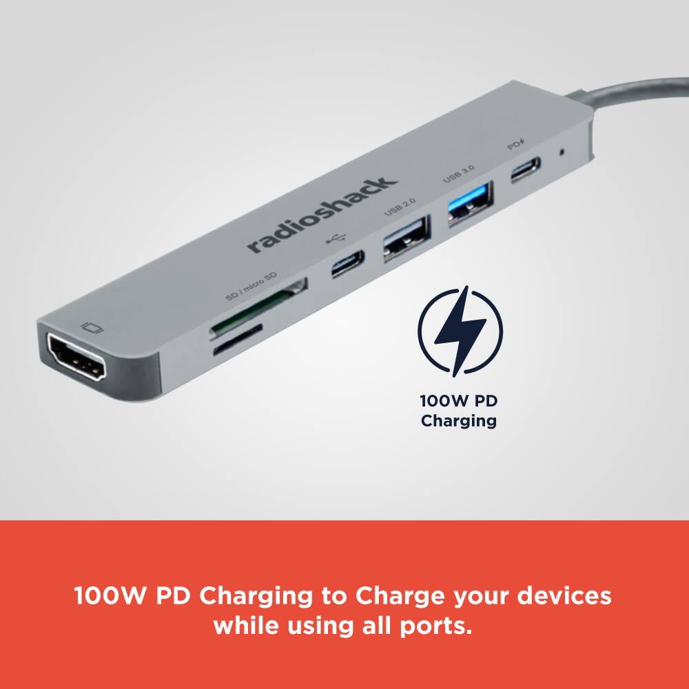 PDF 3.0  
USB 2.0  
radioshack  
USB 3.0  
SD | micro SD  
100W PD Charging  
100W PD Charging to Charge your devices while using all ports.