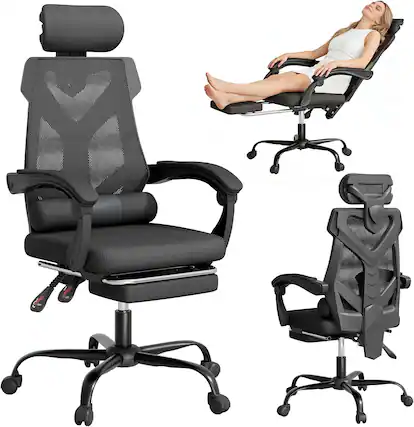 Front. COQOOL - Office Chair with Footrest, High Back Reclining Desk Chair with Adjustable Headrest, Comfortable Task Chair for Home - black.