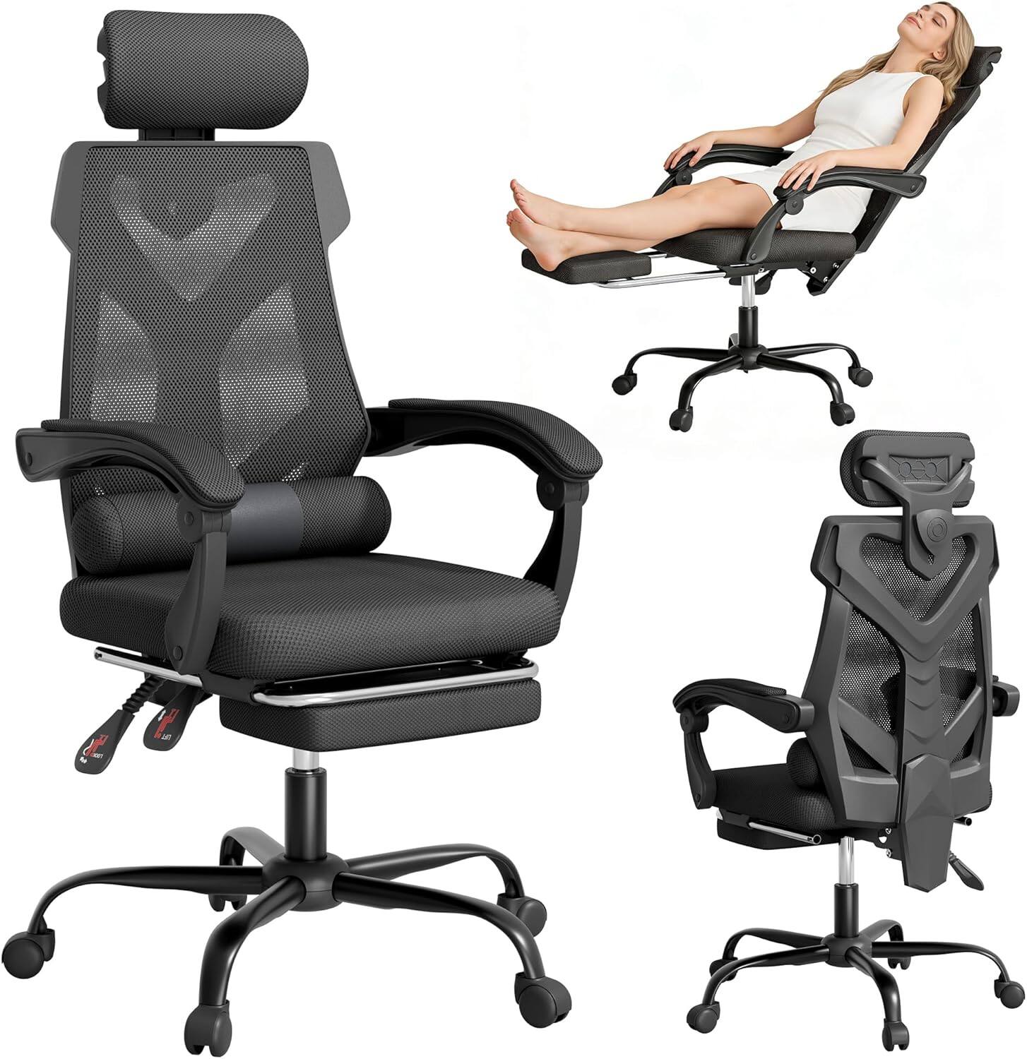 Front. COQOOL - Office Chair with Footrest, High Back Reclining Desk Chair with Adjustable Headrest, Comfortable Task Chair for Home - black.