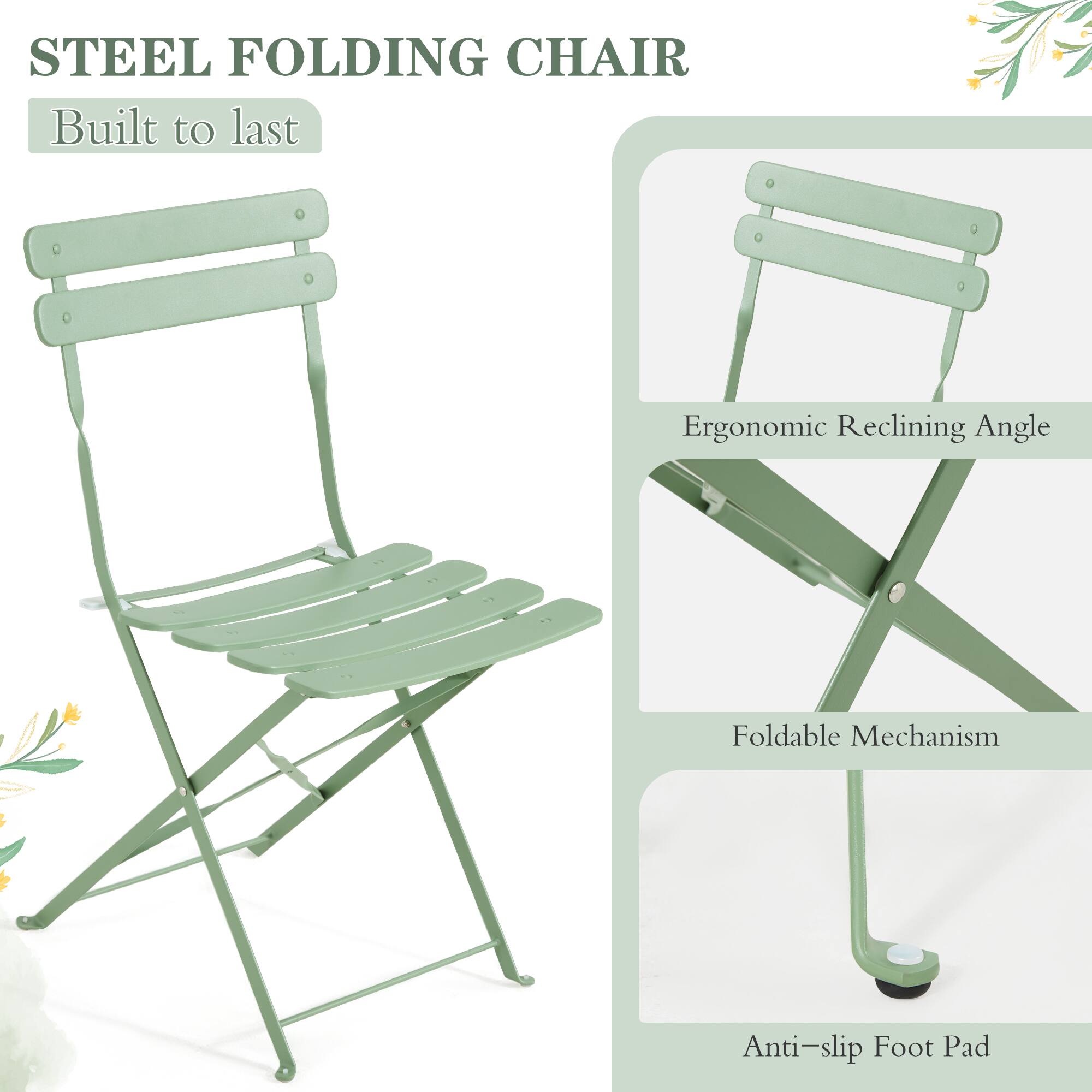STEEL FOLDING CHAIR  
Built to last  

- Ergonomic Reclining Angle  
- Foldable Mechanism  
- Anti-slip Foot Pad
