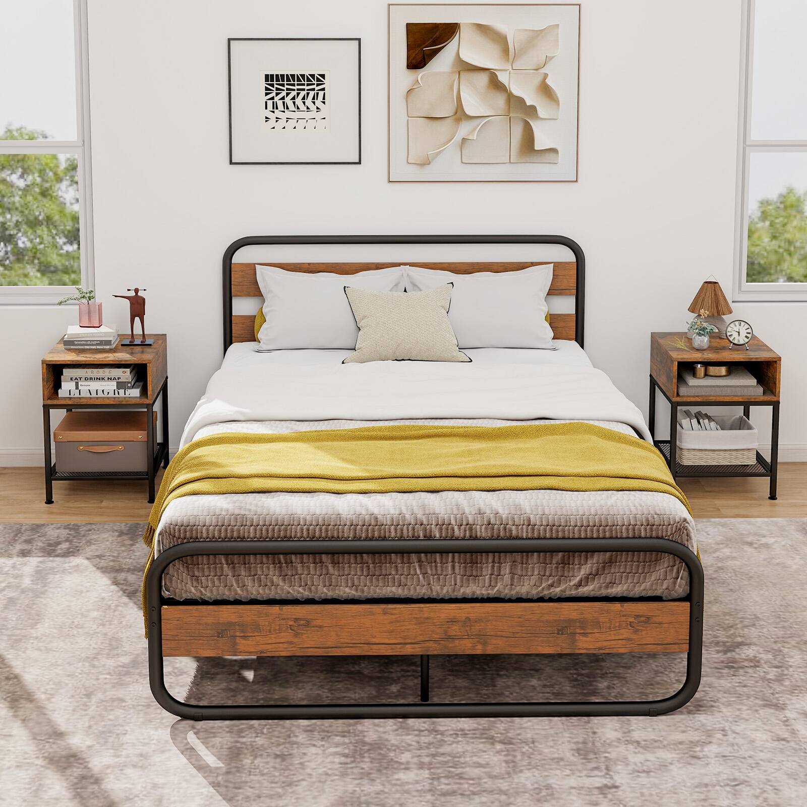 Alt View 8. Ecooso - Industrial Nightstand End Side Table with Mesh Shelf - Brown.