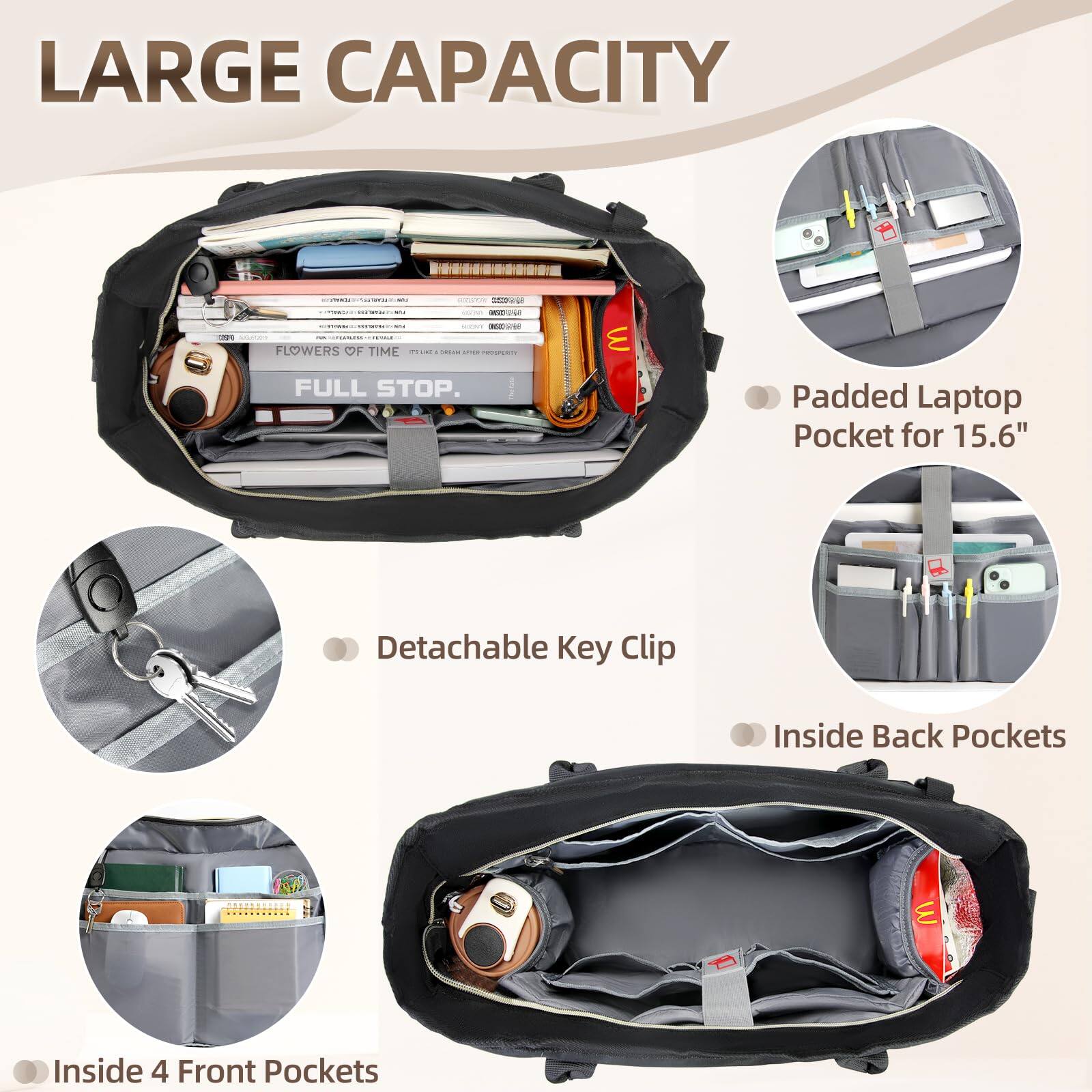 LARGE CAPACITY

- Padded Laptop Pocket for 15.6"
- Detachable Key Clip
- Inside 4 Front Pockets
- Inside Back Pockets