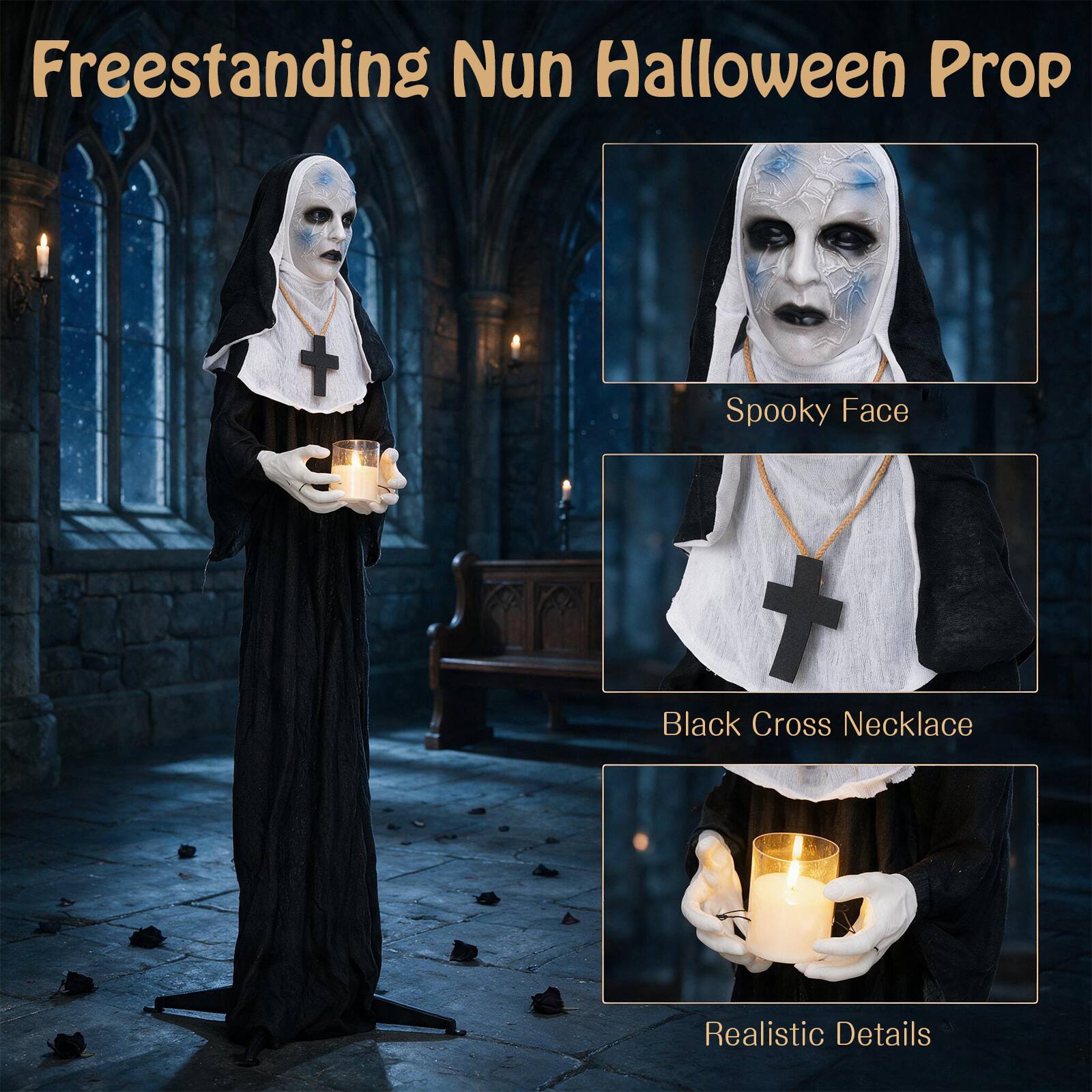 Freestanding Nun Halloween Prop

- Spooky Face
- Black Cross Necklace
- Realistic Details
