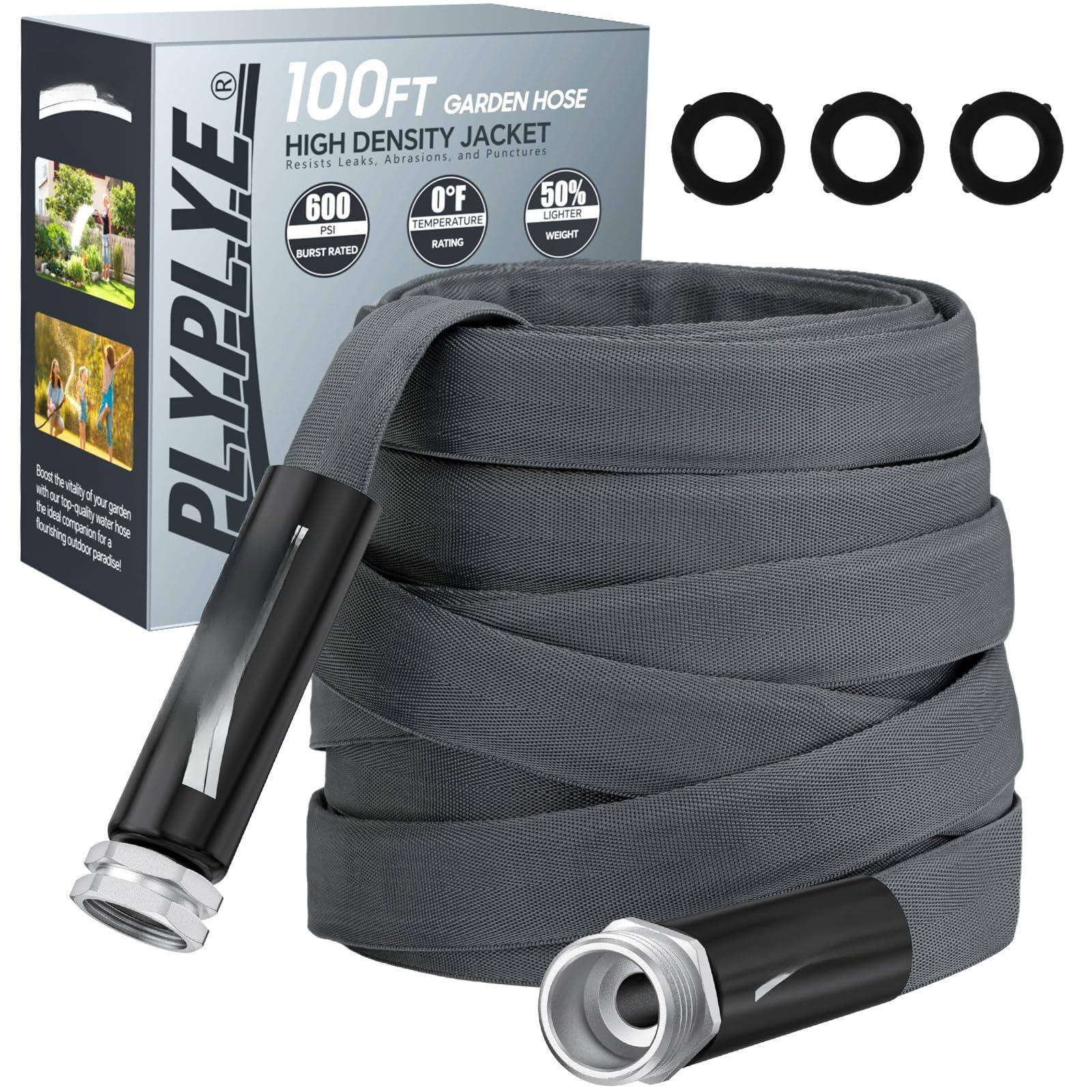 Fabibe - Garden Hose 25ft Made Tpunot Pvc Ultra-light Flexible Water Non-shrinking Easy Store Drinking Safe Material All-weath - Black&Gray 100ft TPU