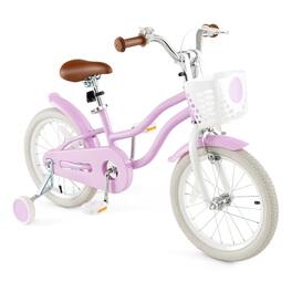 Gymax - 16'' Kids Bicycle Children's Training Bicycle w/ Removable Training Wheels & Basket - Purple