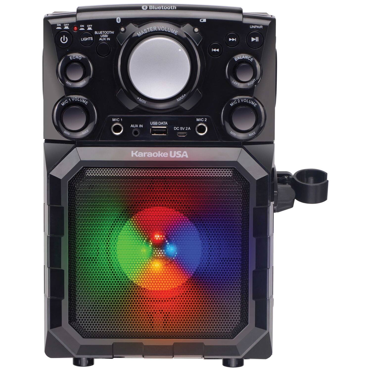 Sure, here is the corrected and grouped text from the image:

- Bluetooth
- ON OFF
- LIGHTS
- BLUETOOTH
- AUX IN
- MASTER VOLUME
- ECHO
- MIC VOLUME
- MIC 1
- AUX IN
- USB DATA
- DC 5V
- MIC 2A
- MIC 2 VOLUME
- BALANCE
- LEFT
- RIGHT
- UNPAIR
- Karaoke USA