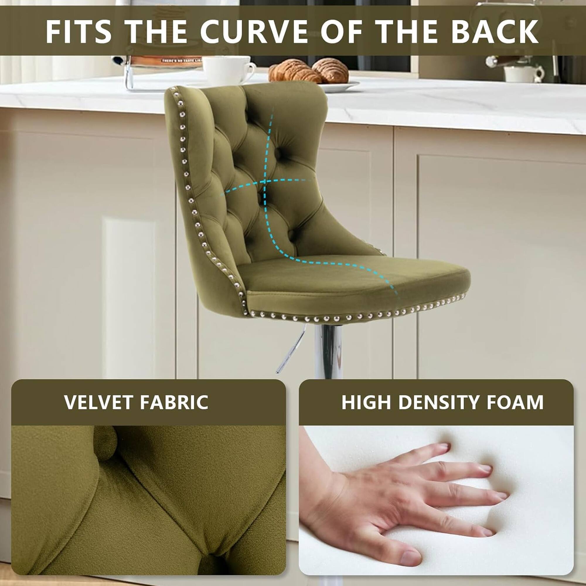 FITS THE CURVE OF THE BACK

VELVET FABRIC

HIGH DENSITY FOAM