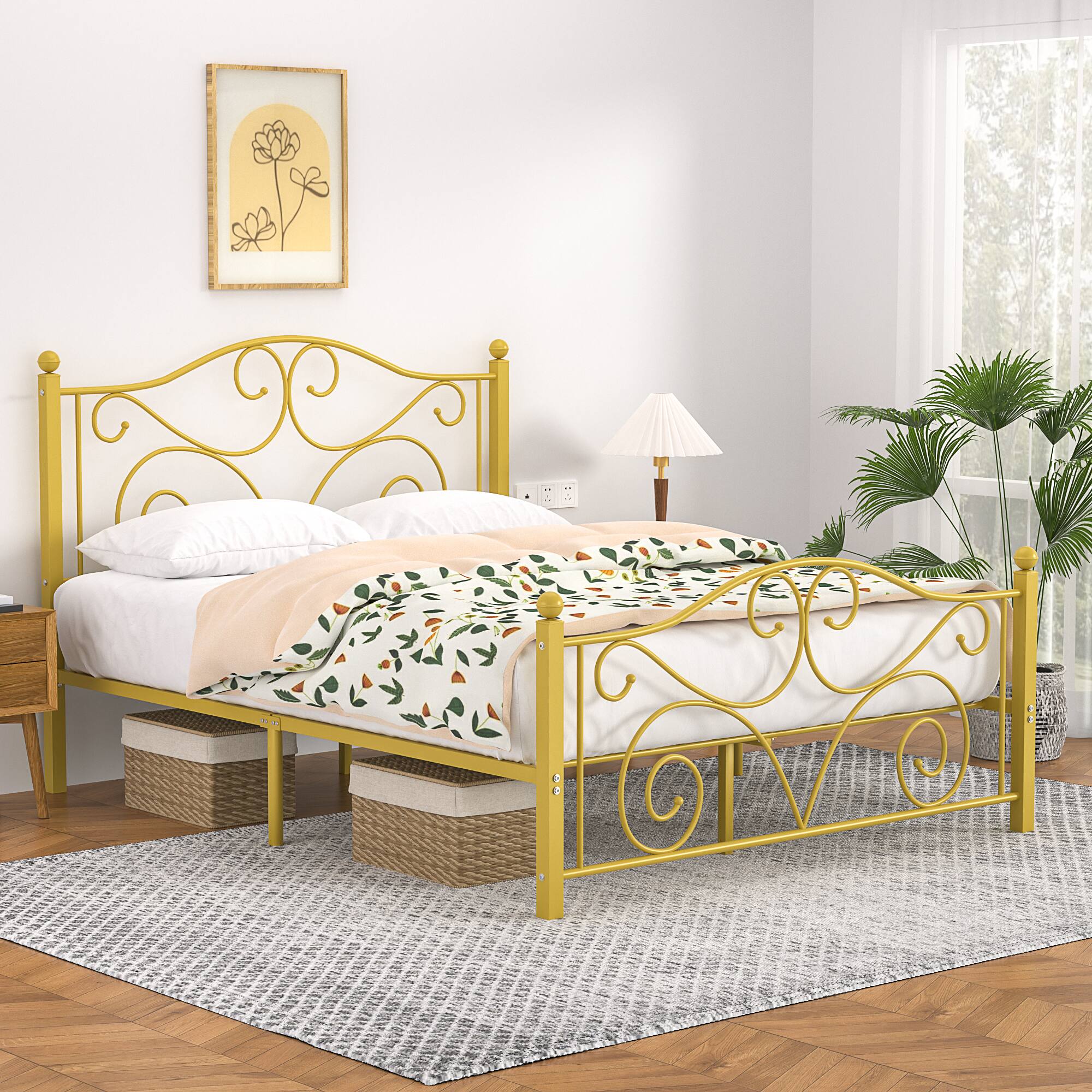 Alt View 2. Vecelo - Full Metal Bed Frame with Headboard & Footboard, Heavy Duty Steel Slats - No Box Spring, Easy Assembly,Gold - Gold.