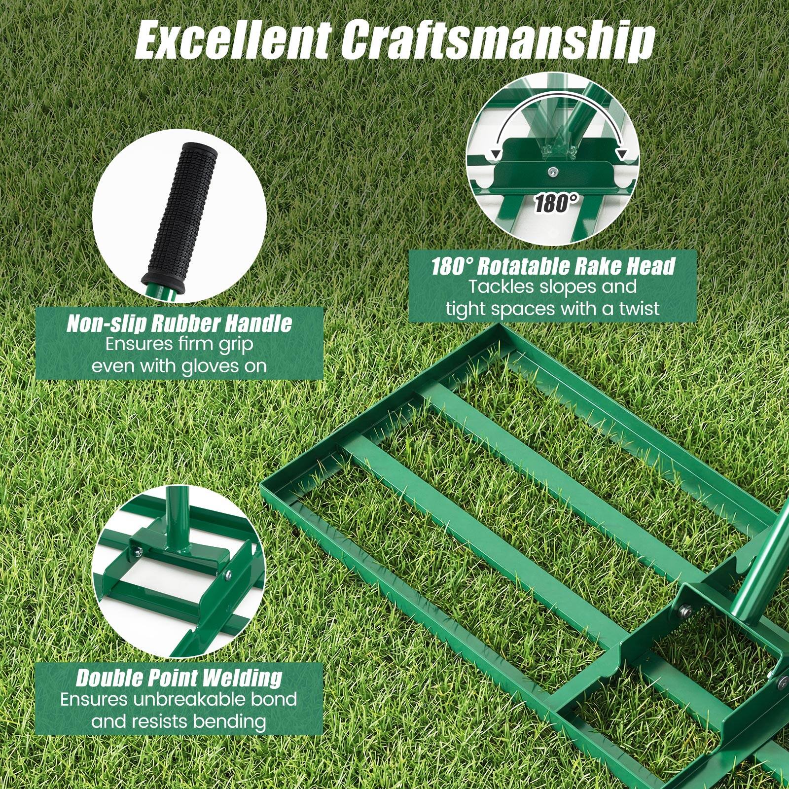Excellent Craftsmanship

- Non-slip Rubber Handle: Ensures firm grip even with gloves on
- 180° Rotatable Rake Head: Tackles slopes and tight spaces with a twist
- Double Point Welding: Ensures unbreakable bond and resists bending