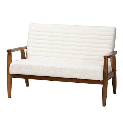 Front. Baxton Studio - Stratton Mid-Century Modern Boucle Fabric and Walnut Finished Wood Loveseat - White/Walnut Brown.