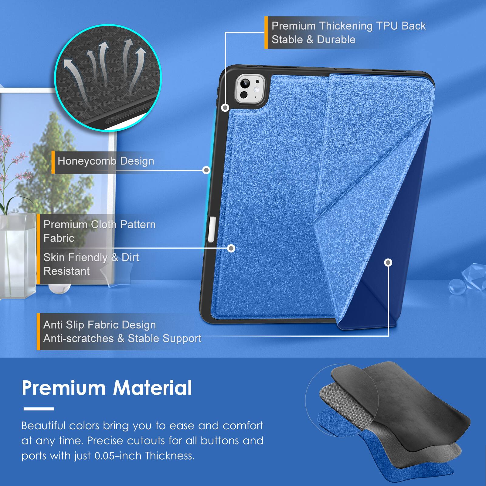 Premium Thickening TPU Back  
Stable & Durable  

Honeycomb Design  

Premium Cloth Pattern Fabric  
Skin Friendly & Dirt Resistant  

Anti Slip Fabric Design  
Anti-scratches & Stable Support  

Premium Material  
Beautiful colors bring you to ease and comfort at any time.  
Precise cutouts for all buttons and ports with just 0.05-inch Thickness.