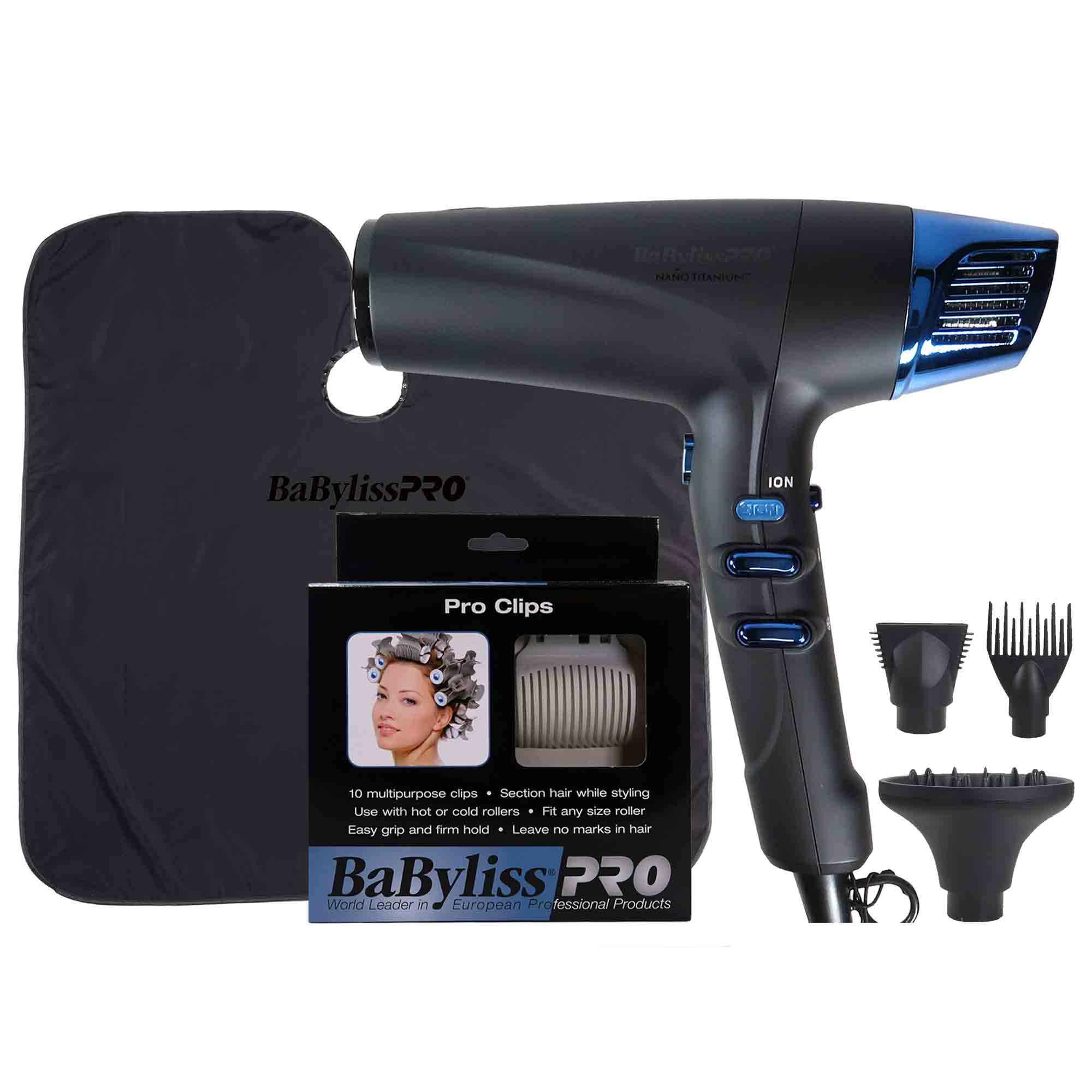 NANO TITA  
BaBylissPRO  
ION  
Pro Clips  
10 multipurpose clips  
Section hair while styling  
Use with hot or cold rollers  
Fit any size roller  
Easy grip and firm hold  
Leave no marks in hair  
BaByliss PRO  
World Leader in European Professional Products