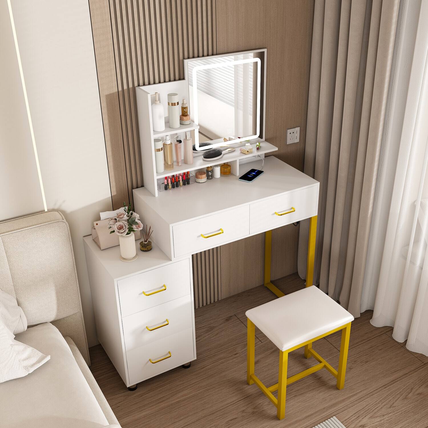 Left. Lirago - White Wood Dressing Table with Mirror Makeup Vanities with LED Lights Power Outlet 5 Drawers - White.