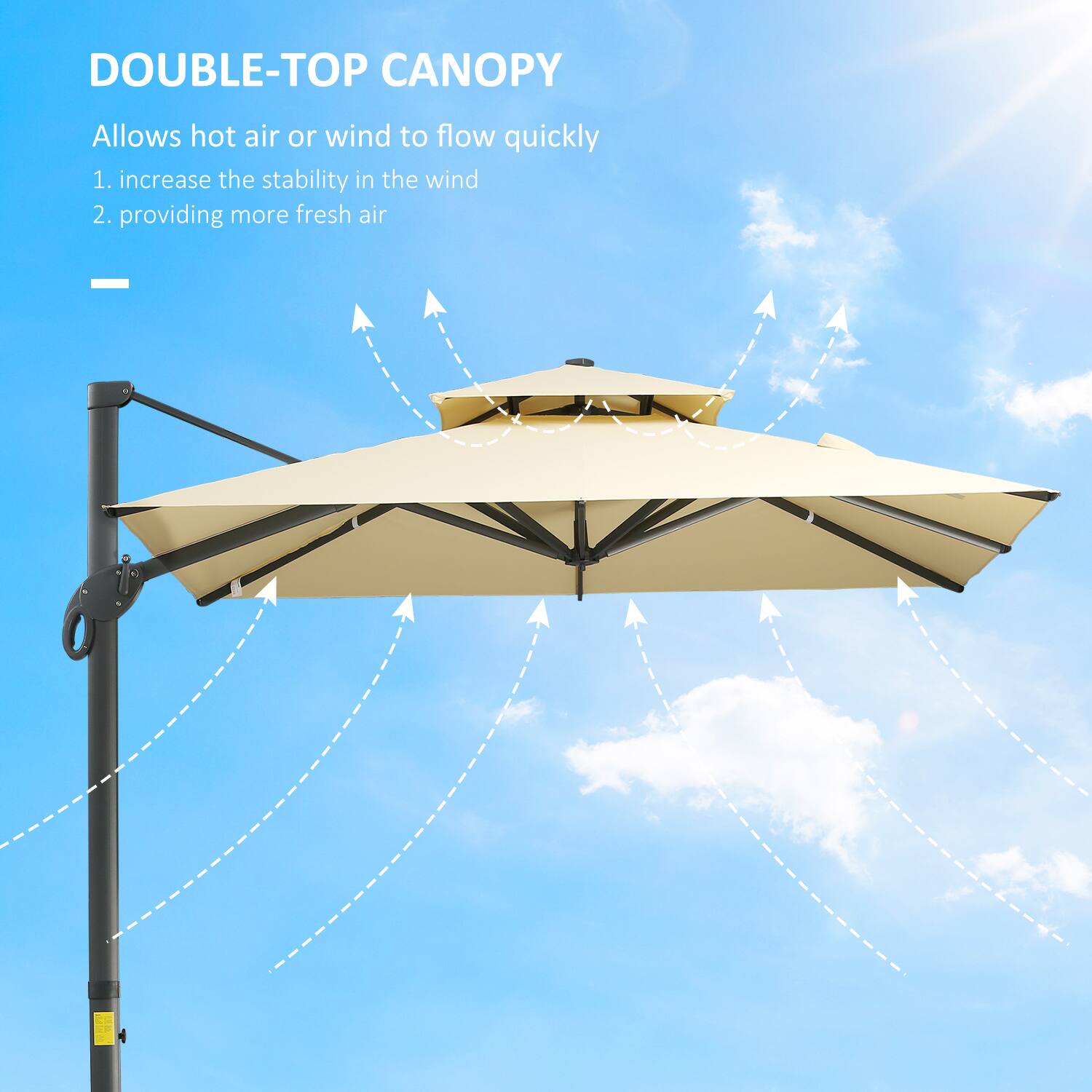 DOUBLE-TOP CANOPY  
Allows hot air or wind to flow quickly  
1. increase the stability in the wind  
2. providing more fresh air