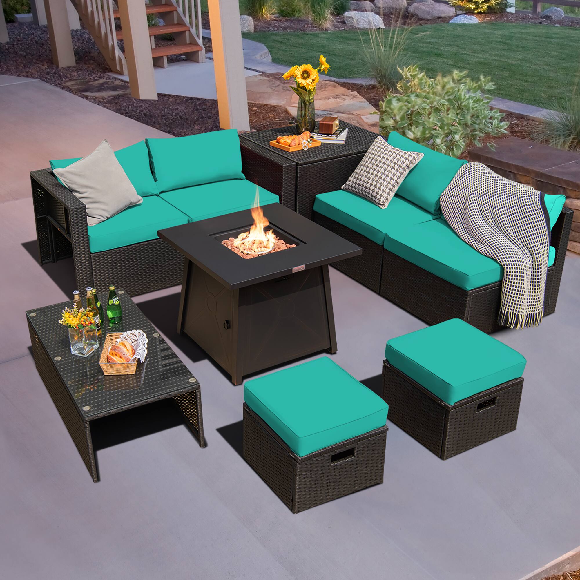 Alt View 1. Costway - Costway 9PCS Patio Rattan Furniture Set Fire Pit Space-saving W/Cover Cushion cover - Turquoise.