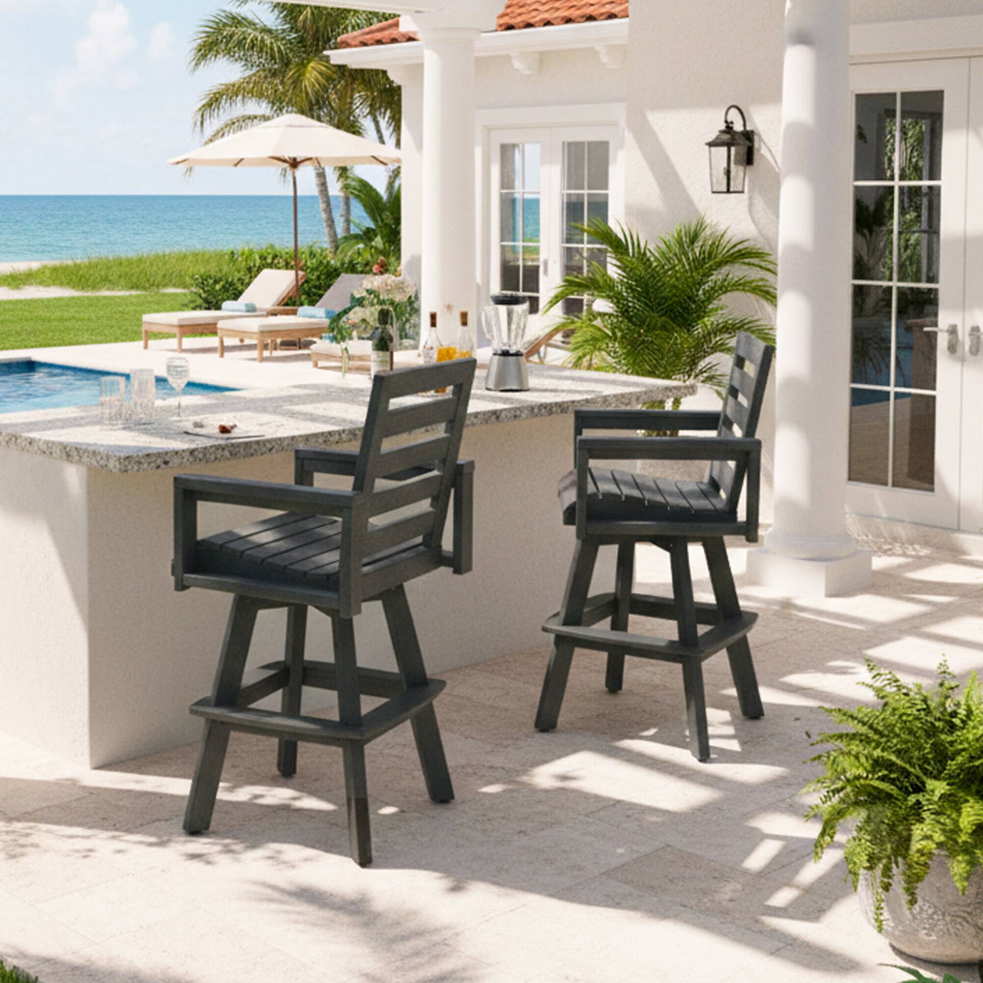 Left. Mondawe - Outdoor 360° Swivel Bar Stool with Ladderback, HDPE Bar Chair - Grey.