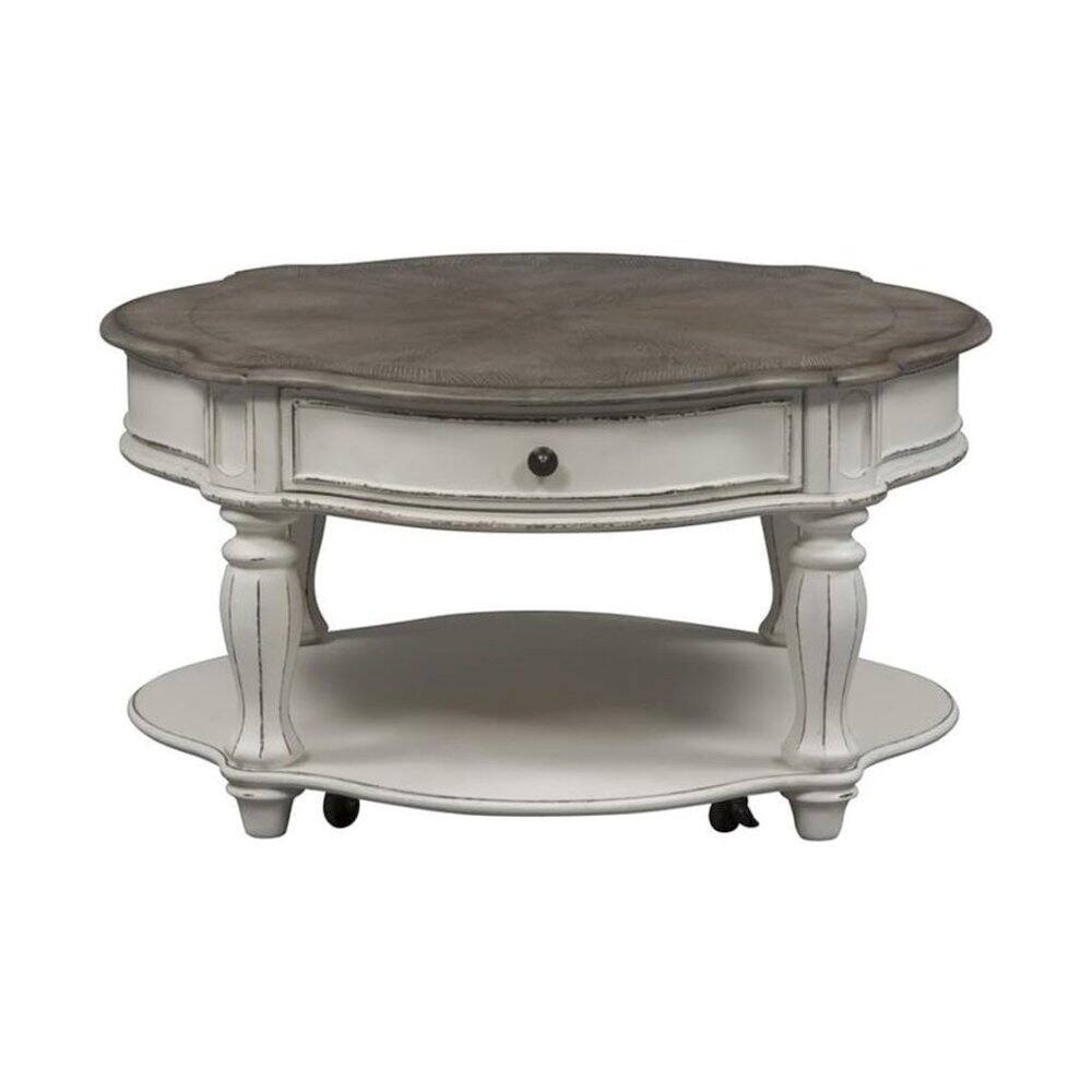 Alt View 1. Starlight Canyon Home - Antique Oval Coffee Table with Drawer And Bottom Shelf in White Finish - White.