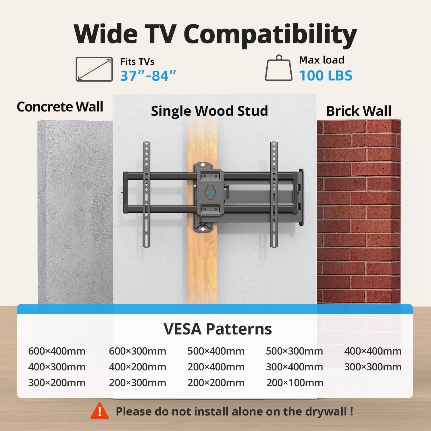 Wide TV Compatibility  
Fits TVs 37"-84"  
Max load 100 LBS  

Concrete Wall  
Single Wood Stud  
Brick Wall  

VESA Patterns  
600x400mm  
600x300mm  
500x400mm  
500x300mm  
400x400mm  
400x300mm  
400x200mm  
300x400mm  
300x300mm  
300x200mm  
200x400mm  
200x300mm  
200x200mm  
200x100mm  

Please do not install alone on the drywall!