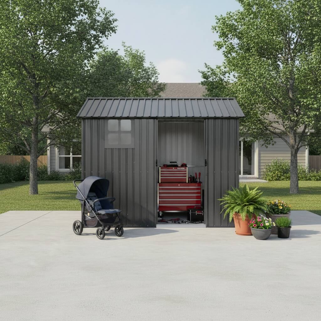 Back. Anysun - 8x6 FT Weatherproof Galvanized Steel Outdoor Storage Shed with Sliding Door, Window & Vents - Gray.
