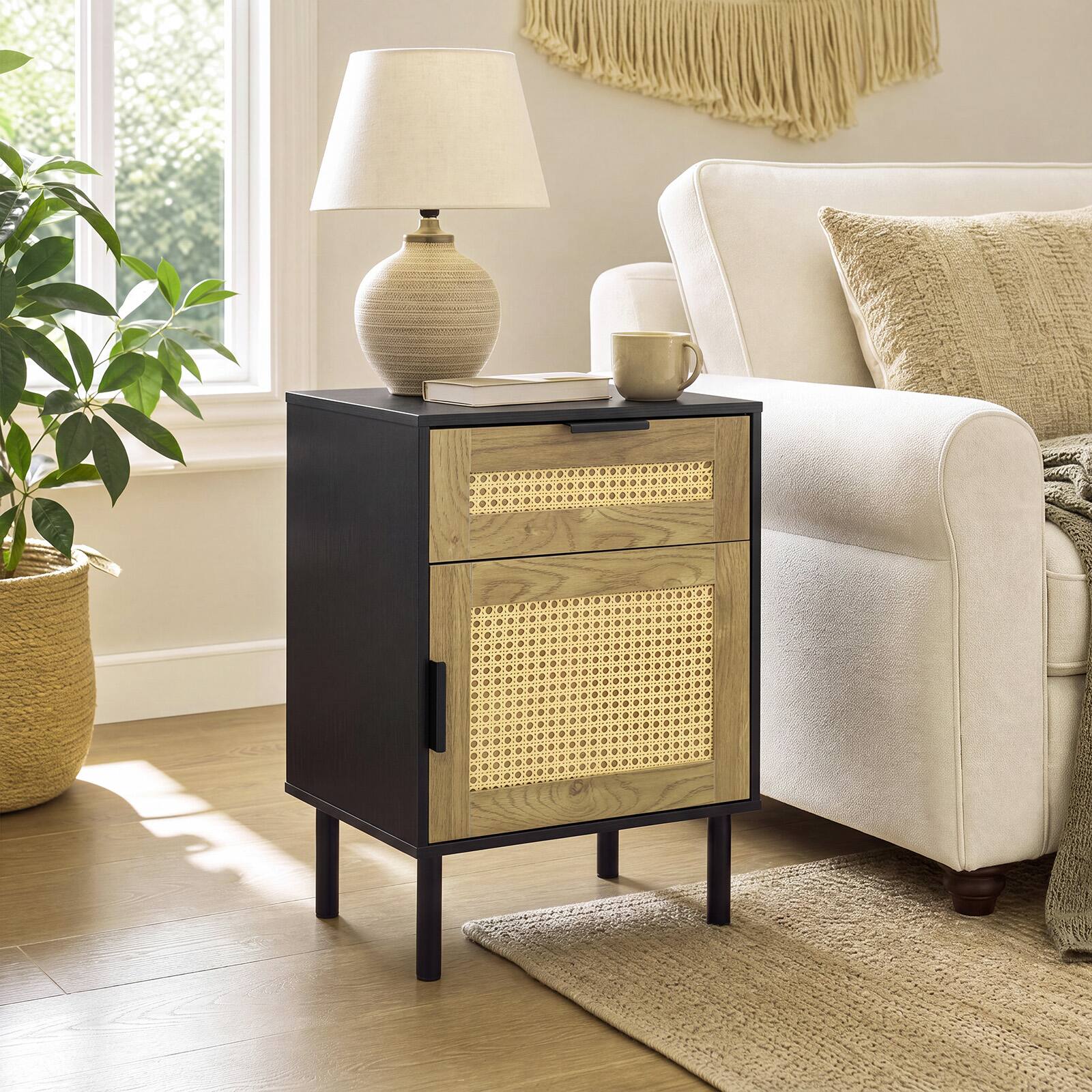 Alt View 3. Gymax - Gymax Rattan Nightstand w/ Drawer & Storage Cabinet 2 Anti-Tipping Kits for Bedroom Black - Black.