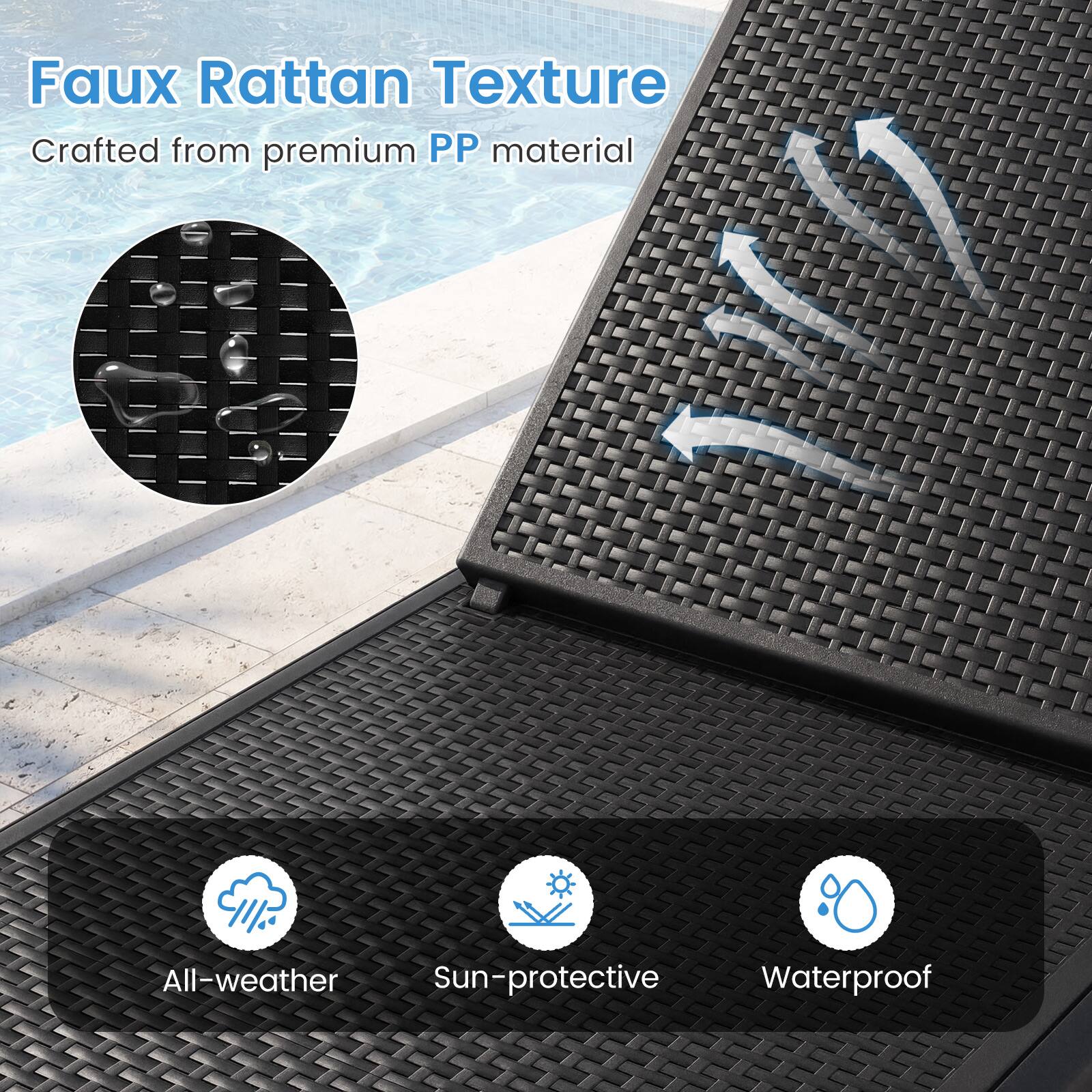 Faux Rattan Texture  
Crafted from premium PP material  

All-weather  
Sun-protective  
Waterproof