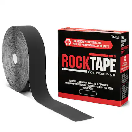 A 1x THE WORLD'S BEST KINESIOLOGY TAPE ROCKTAPE
FOR MEDICAL PROFESSIONAL USE
POUR LES PROFESSIONNELS DE LA SANTÉ
Go stronger, longer
ADHESIVE LEVEL/NIVEAU D'ADHÉSIVITÉ: STANDARD
DIMENSIONS/DIMENSIONS DE L'ADHÉSIF: 2 X 115
BLACK/NOIR: 5CM X 35M