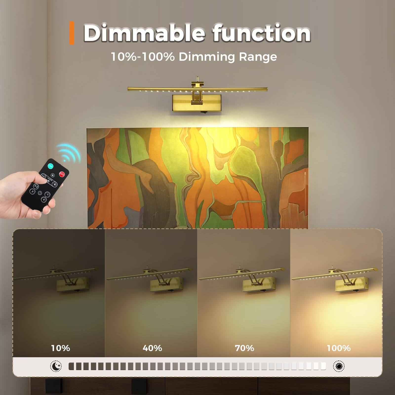 Dimmable function  
10%-100% Dimming Range  

10% 40% 70% 100%