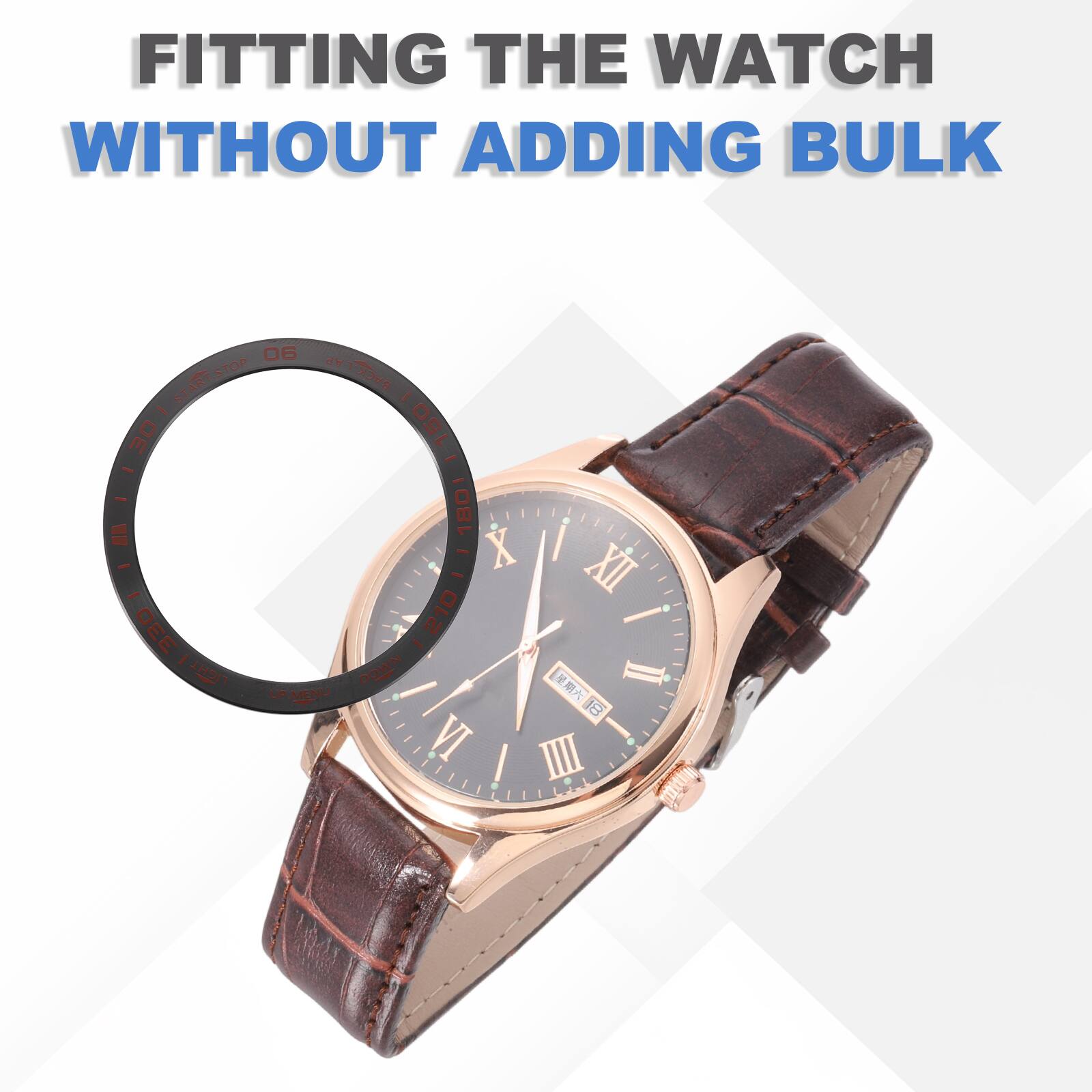 FITTING THE WATCH WITHOUT ADDING BULK

06 START.STOP BACK-LAP

I 30 /150 - - | = 1801 - X I I - XII DEE 210 - IHIT DOWN II UP.MENU 18 VI I IIII